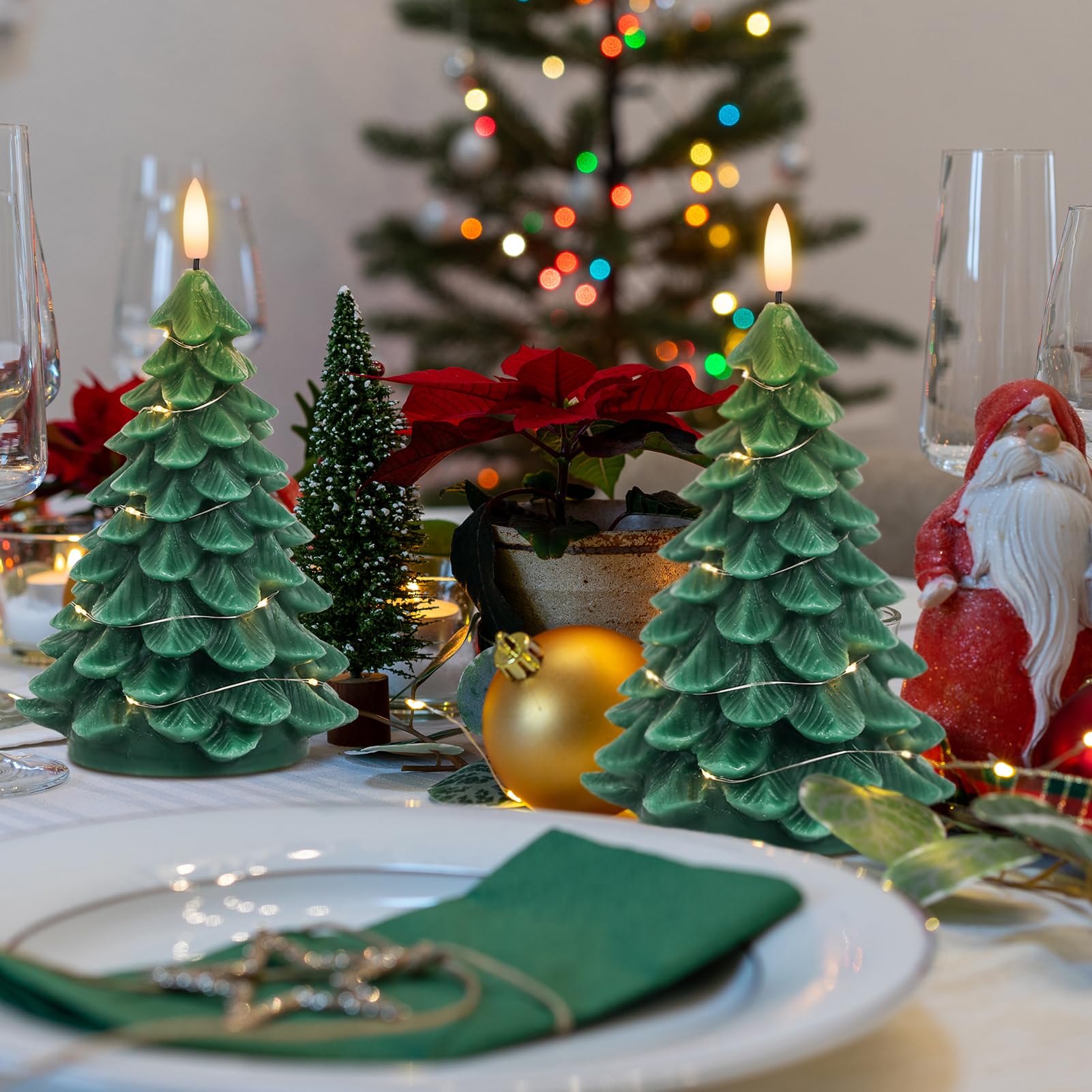 Dromance Christmas Tree Flameless Candles String Lights With 11 Key Remote And Timer, 2 Pack Green Real Wax Battery Operated 3D