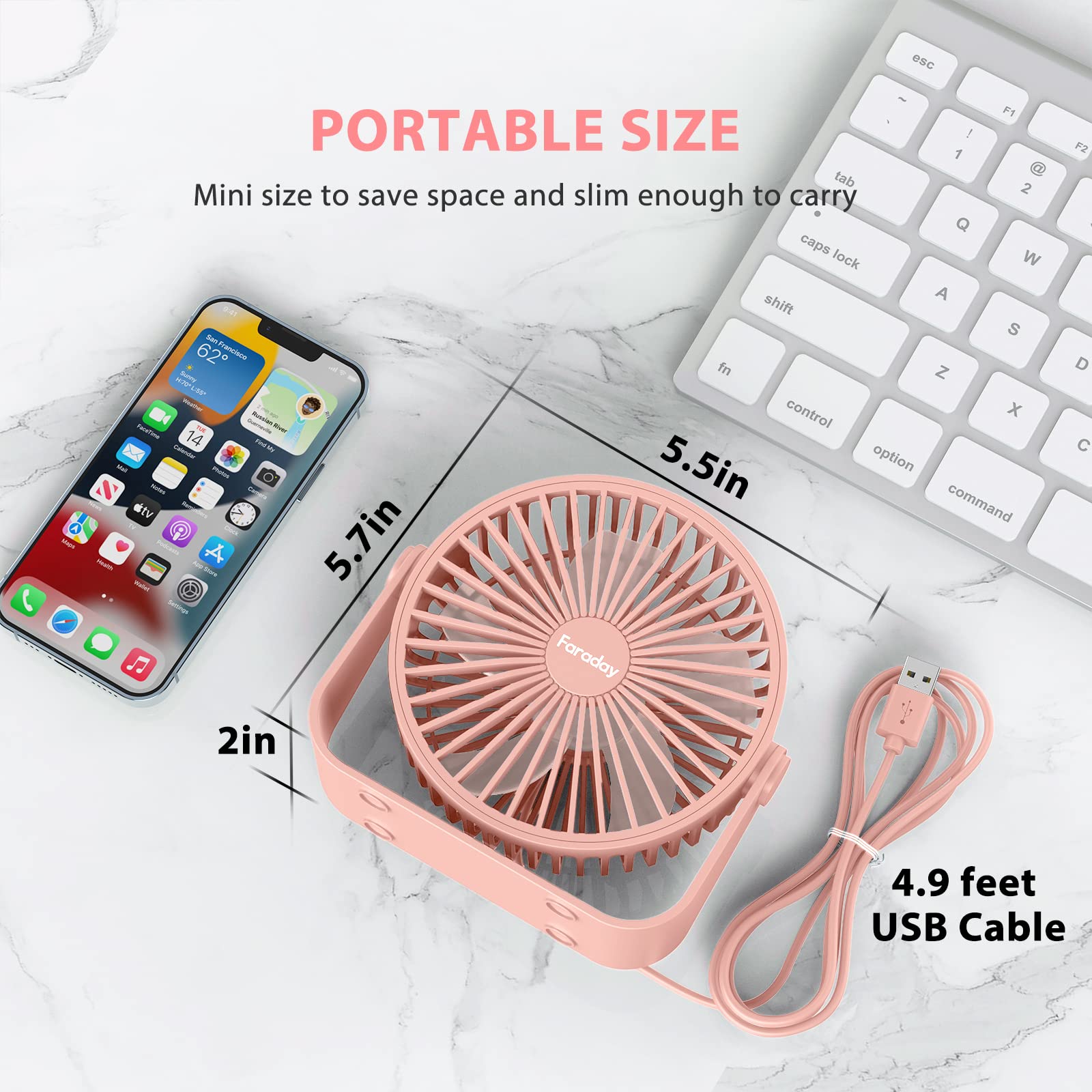 Faraday Usb Desk Fans 5 Inches Portable Table Fans 360 Head Rotation Small Personal Desktop Fan For Home Office, 3 Speeds, Pink