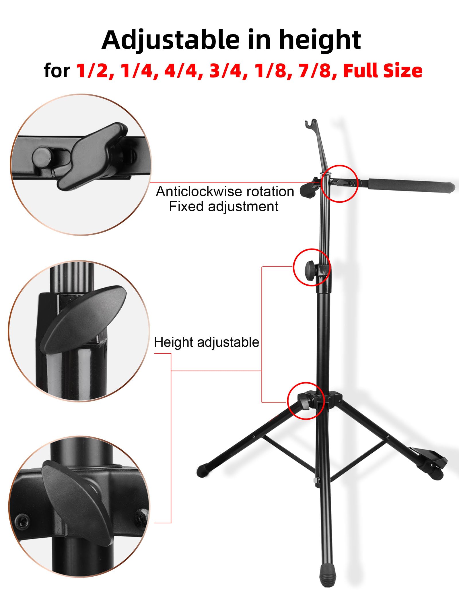 Mr.Power Adjustable Cello Stand With Bow Hook, Foldable Tripod Support For 1/2, 1/4, 4/4, 3/4, 1/8, 7/8 Full Size, Floor Steel H