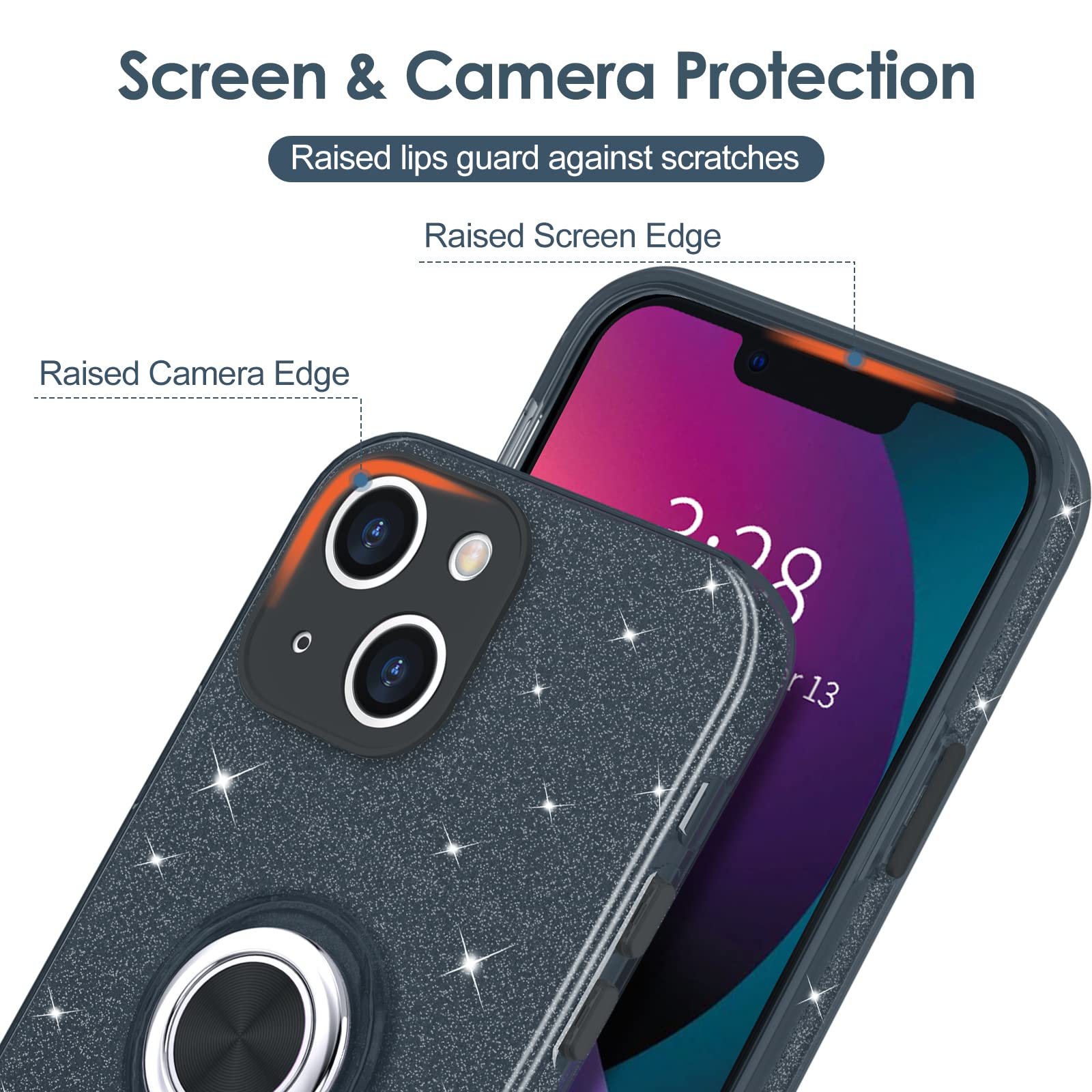 Hython For Iphone 13 Case With Ring Stand [360 Rotatable Ring Holder Magnetic Kickstand] [Support Car Mount] Cute Sparkly Glitte