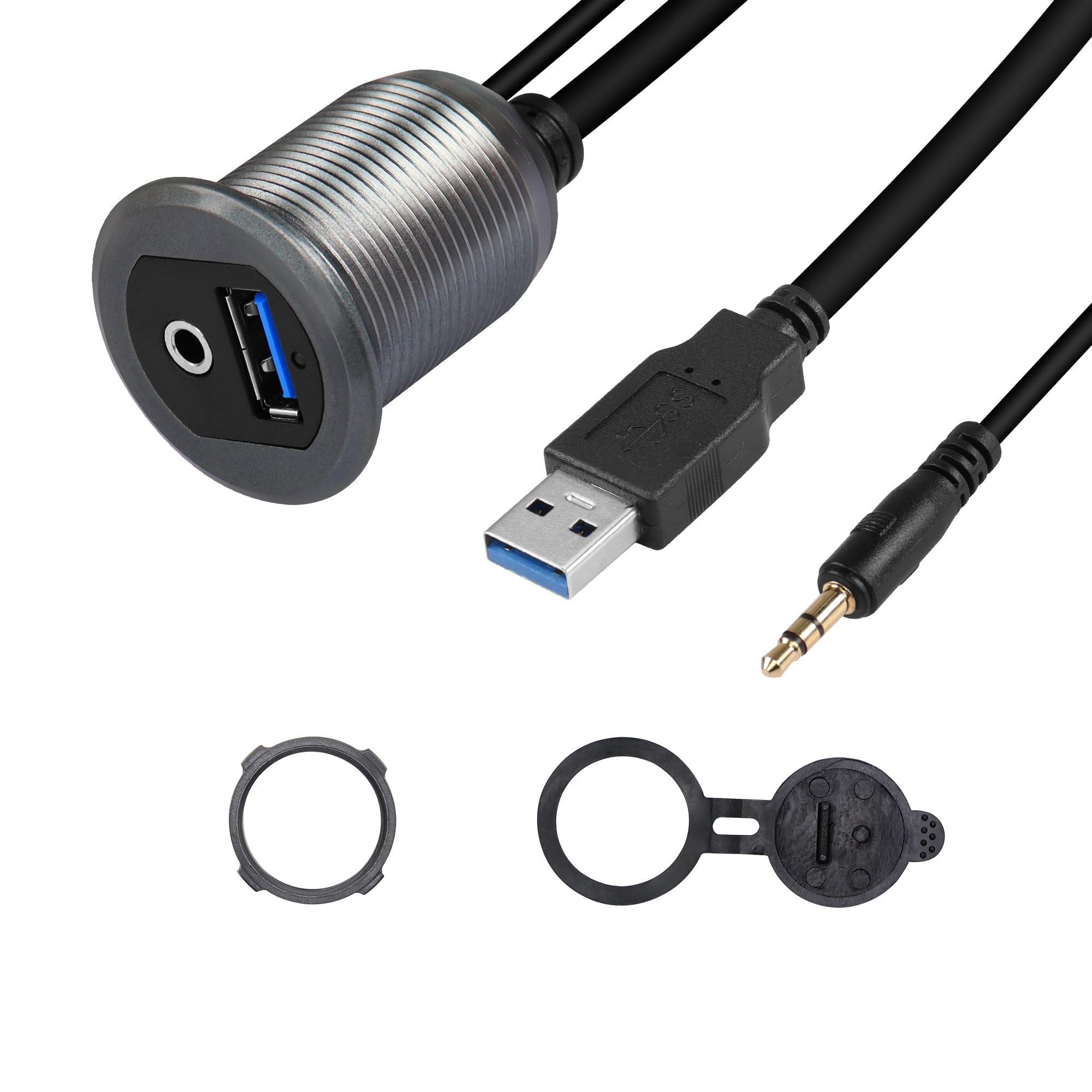Sinloon Usb 3.0 & 3.5Mm Car Mount Flush Cable 3.3Ft Usb 3.0 Flush Mount Cable Aux Extension Dash Panel Waterproof Mount Cable Fo