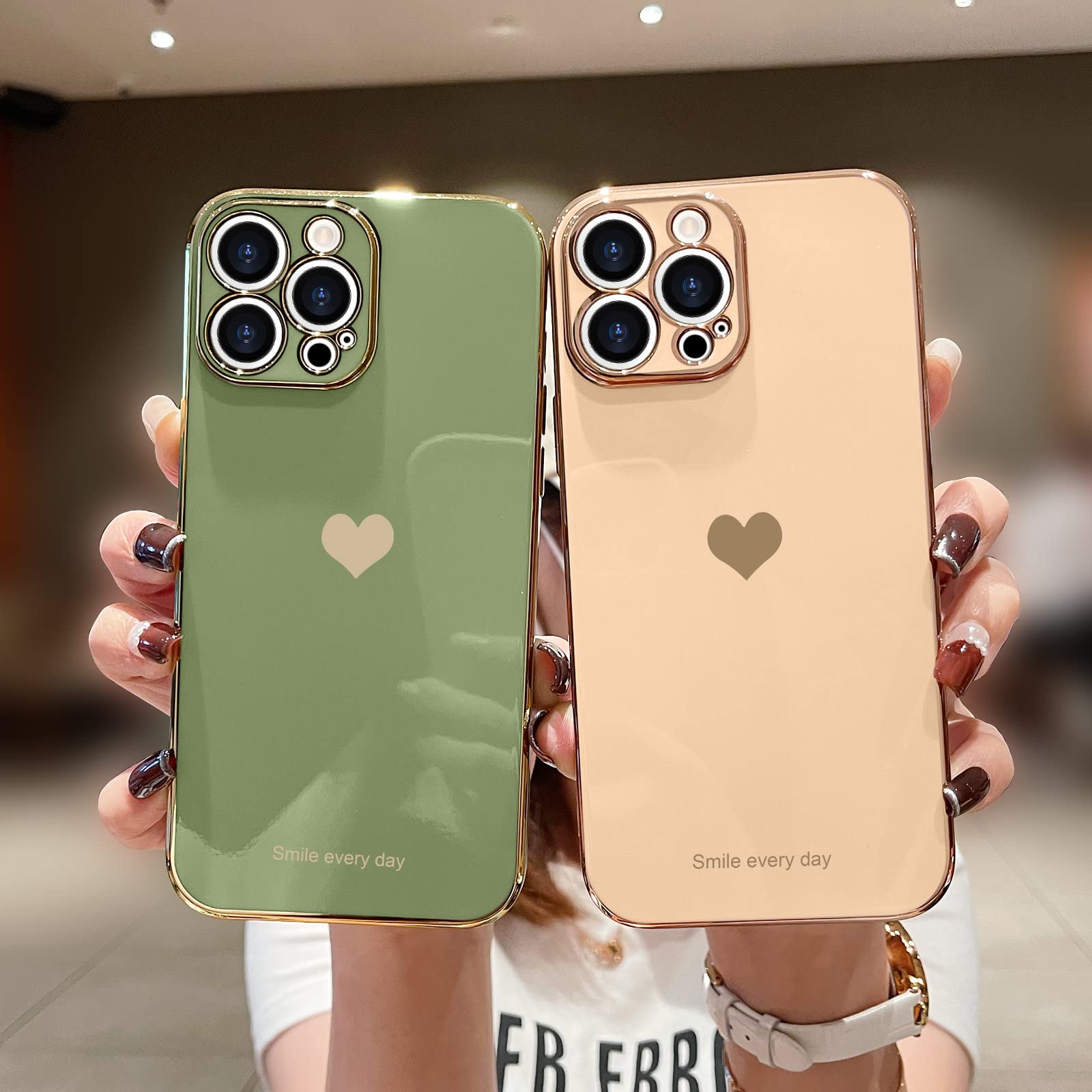 Teageo For Iphone 14 Pro Max Case For Women Girl Cute Love Heart Luxury Plating Soft Bling Back Cover Raised Full Camera Protect