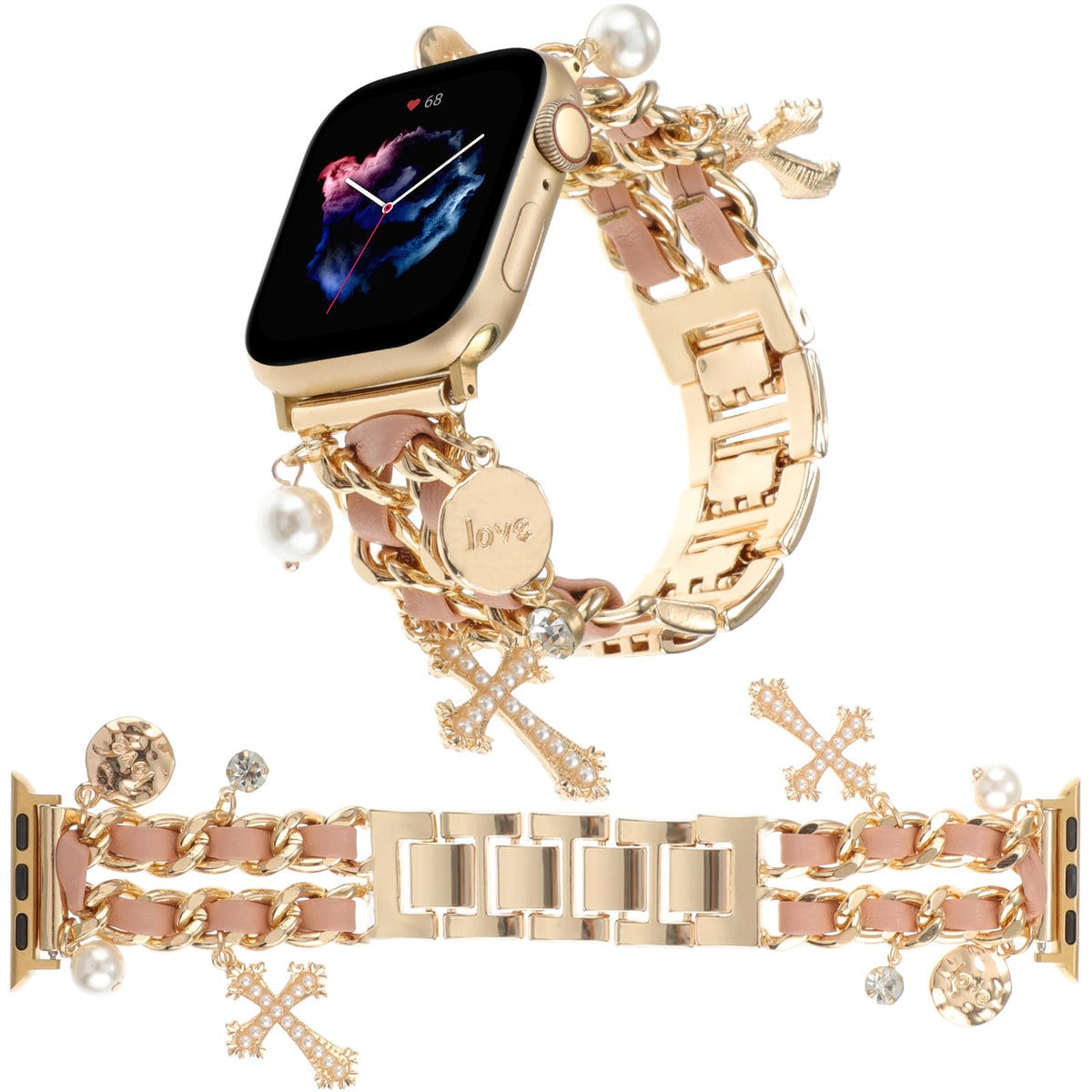 Realsign Stylish Metal Wristband Compatible With Apple Watch Band 38Mm 40Mm 41Mm,Cuban Chain Bracelet With Cross Pearl Diamond P