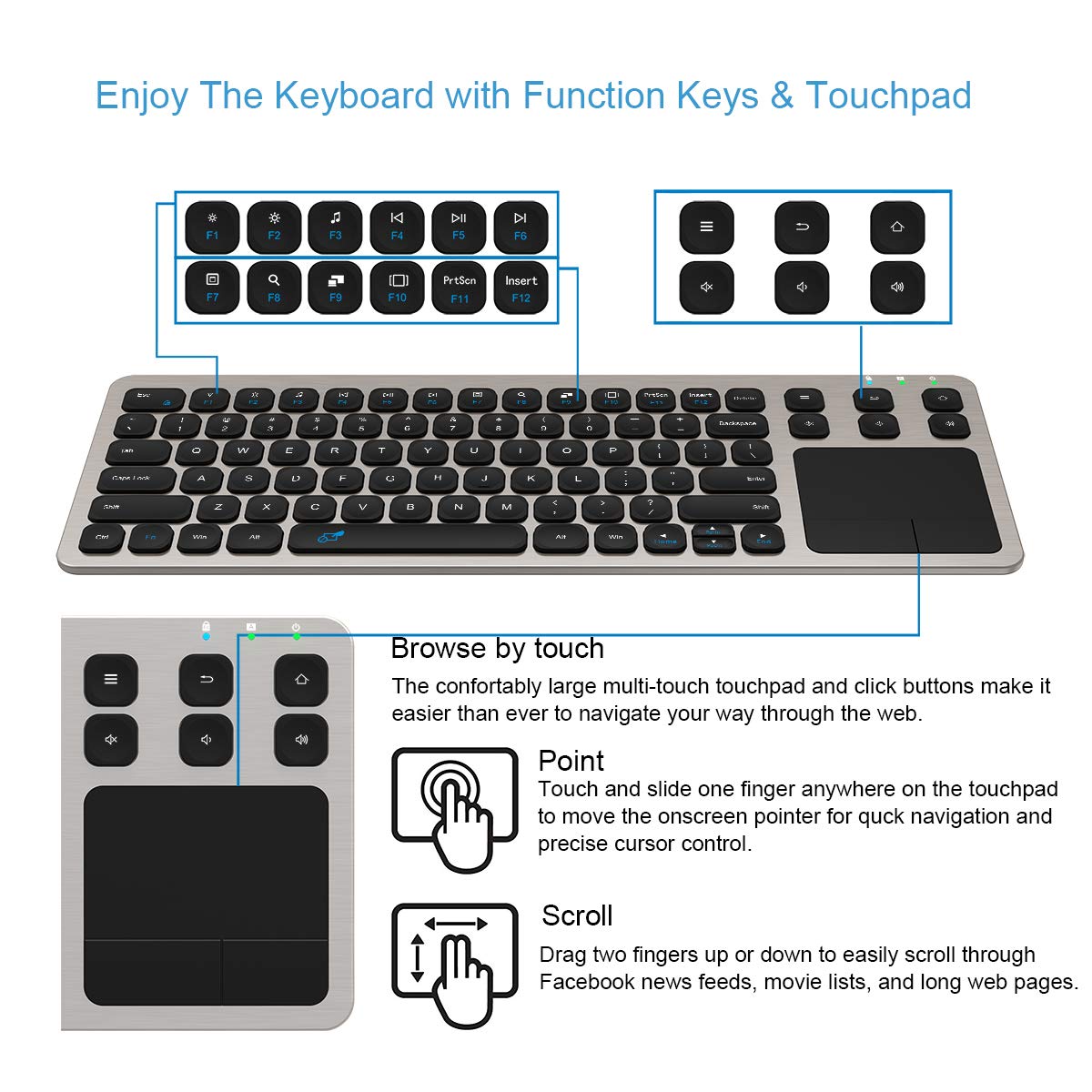 Arteck 2.4G Wireless Touch Tv Keyboard With Easy Media Control And Built In Touchpad Mouse Solid Stainless Ultra Compact Full Si