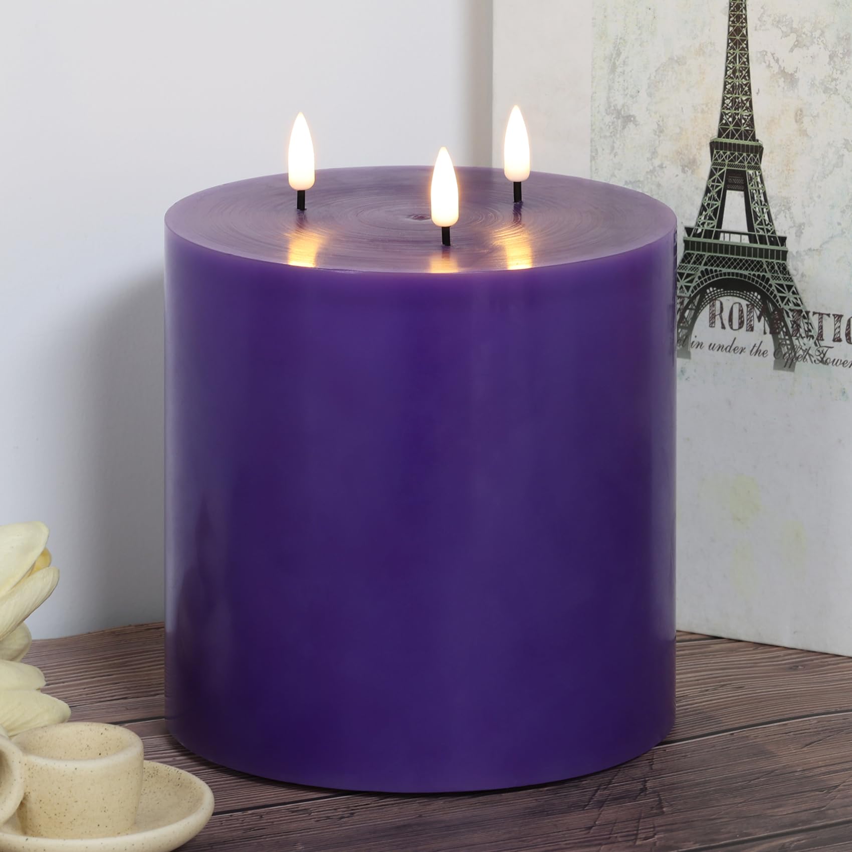 Eywamage 3 Wick Purple Flameless Candle With Remote, Real Wax Flickering Led Pillar Candle F 6'' H 6''