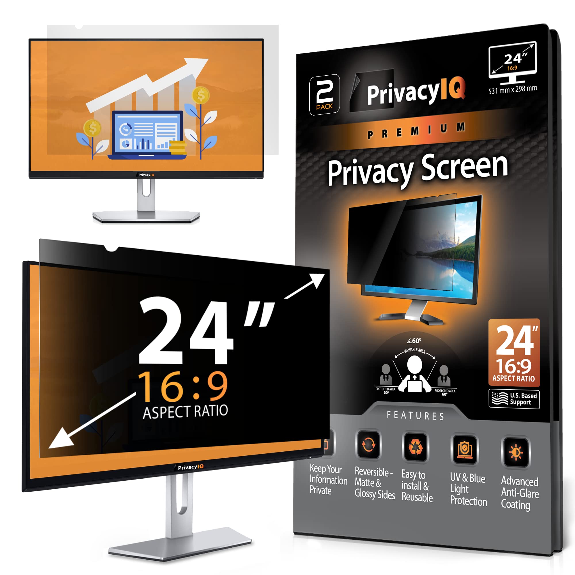 Privacy Iq 24'' Inch 16:9 (2 Pack) Monitor Privacy Screen Filter For 60 Degree Privacy, Advanced Anti Glare, Uv Light Reduction