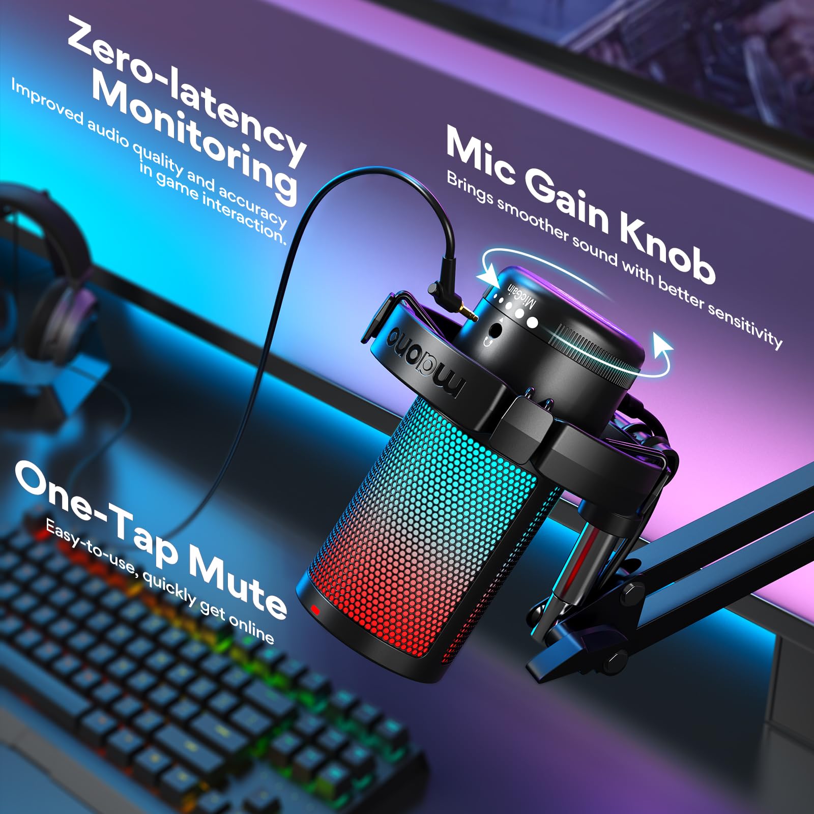 Maono Gaming Usb Microphone, Noise Cancellation Condenser Mic With Mute, Gain, Monitoring, Boom Arm For Streaming, Podcast, Twit