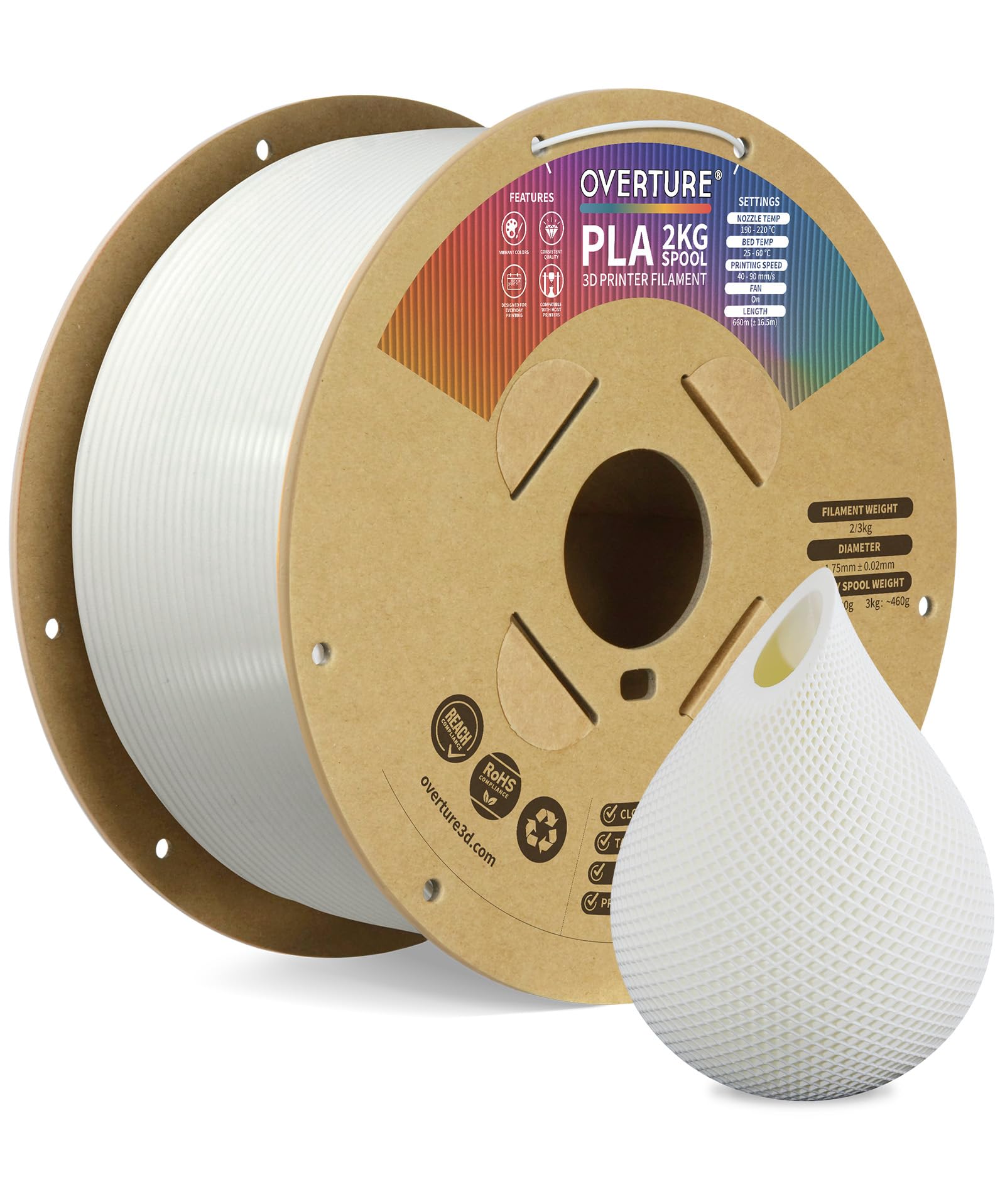 OVERTURE PLA Filament 1.75mm, Neatly Wound 3D Printer Filament 2kg Spool (4.4lbs), Dimensional Accuracy +/- 0.02 mm, Fit Most FD