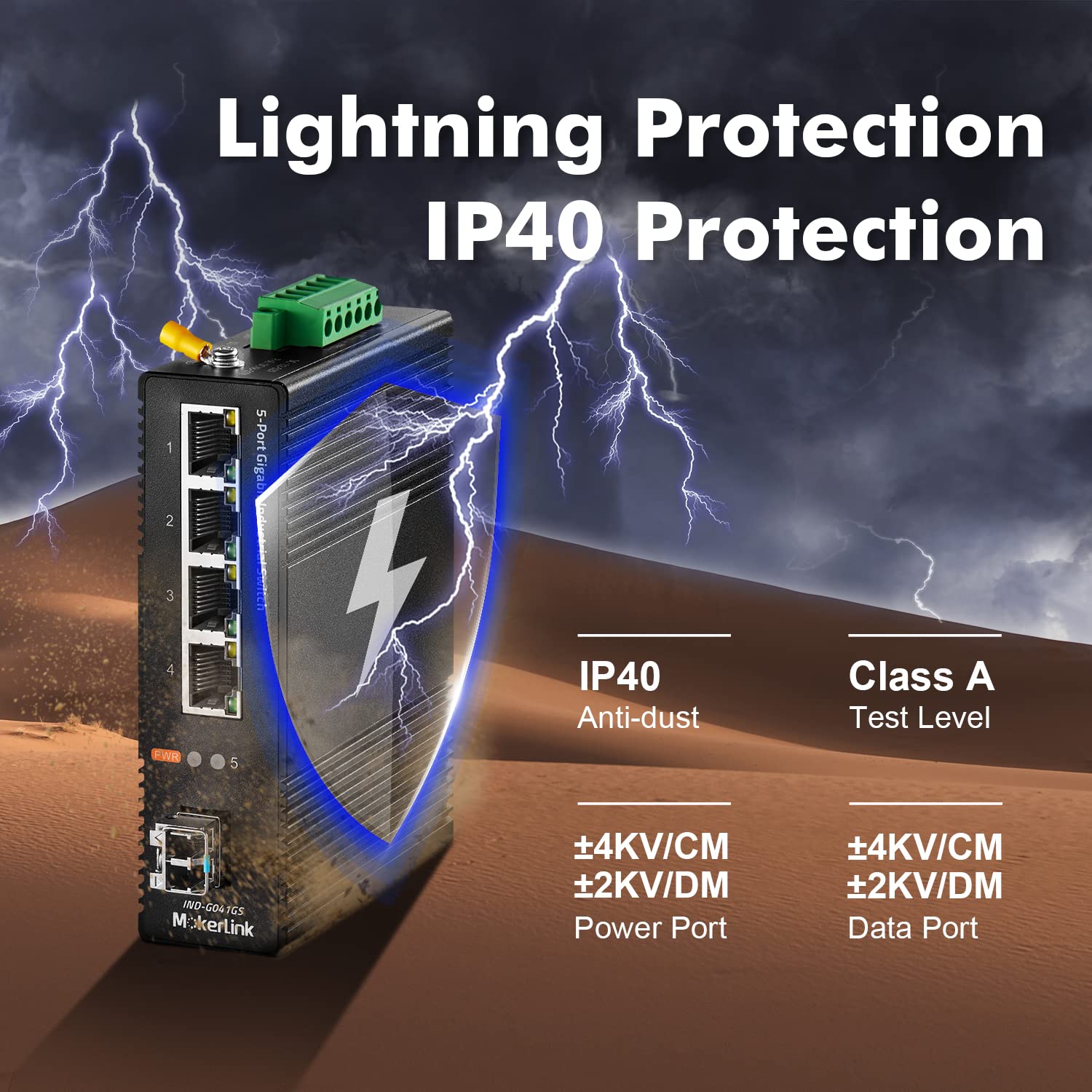 Mokerlink 5 Port Gigabit Industrial Din Rail Network Switch, 4 Gigabit Ethernet, 1 Gigabit Sfp, 14Gbps Switching Capacity, Ip40