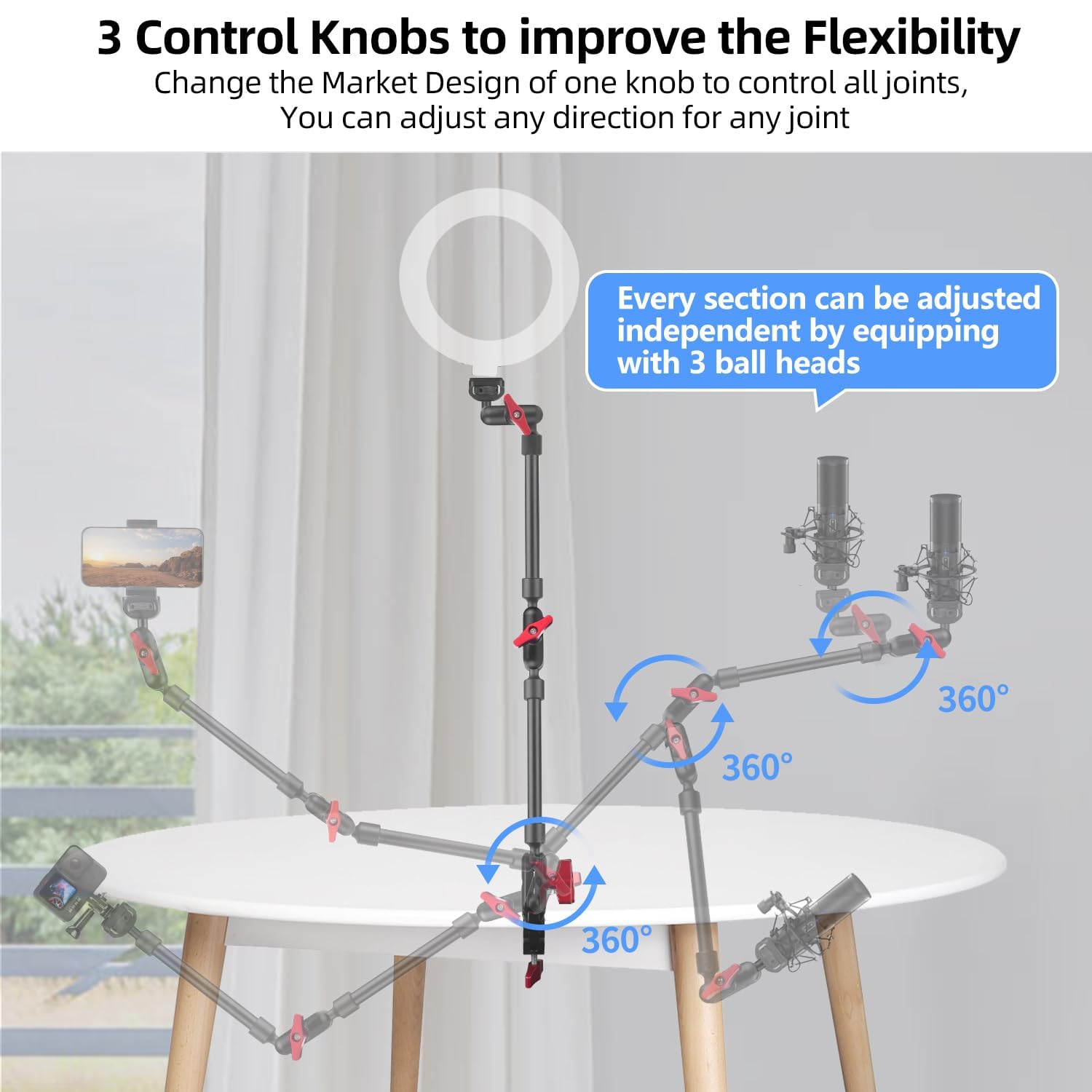 Hemmotop 22In Magic Arm With Clamp, Long Articulating Arm Camera Mount, Adjustable Phone Mount Holder 360 Rotation, Mic Arm For