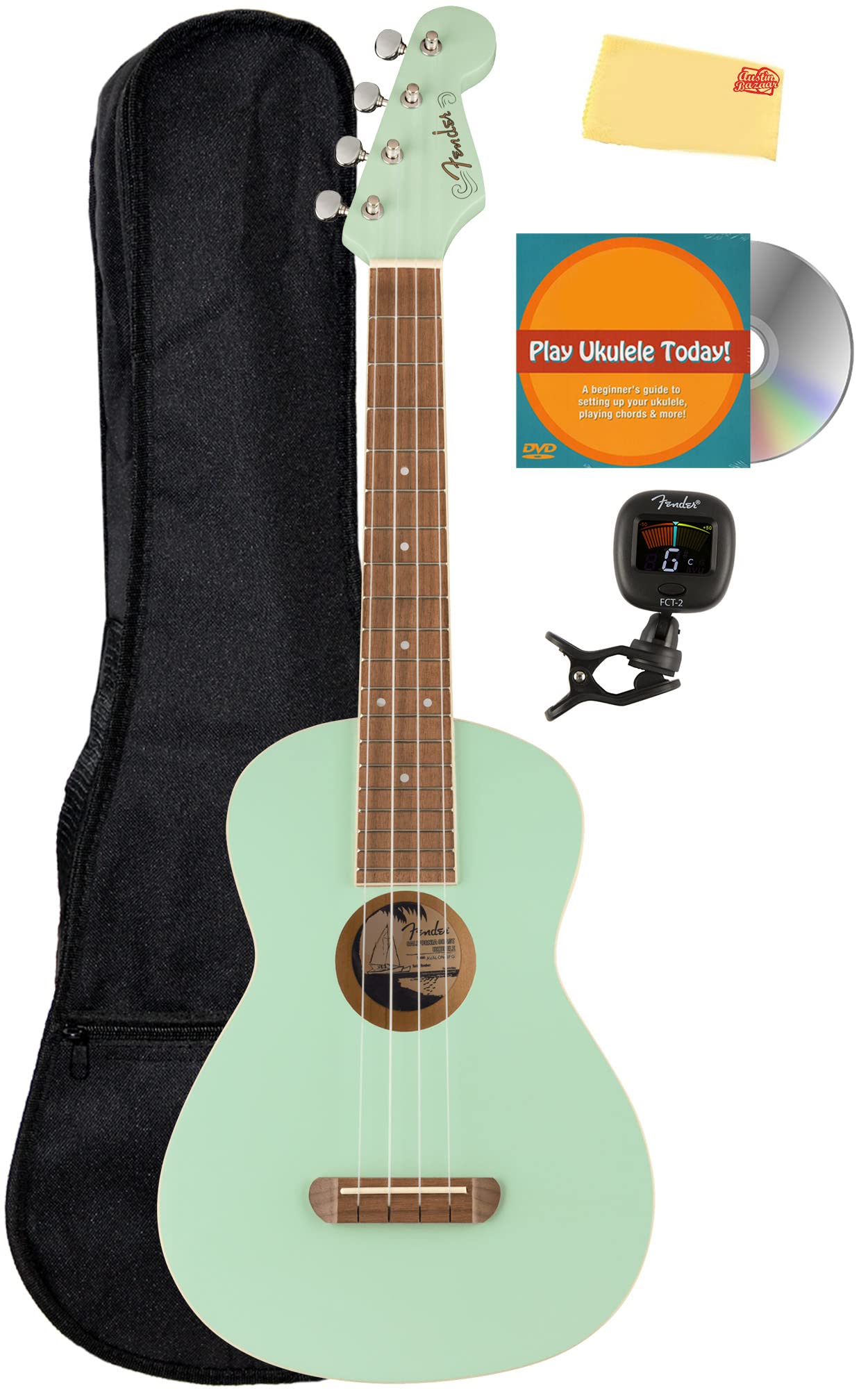 Fender Avalon Tenor Ukulele   Surf Green Bundle With Gig Bag, Tuner, And Austin Bazaar Instructional Dvd