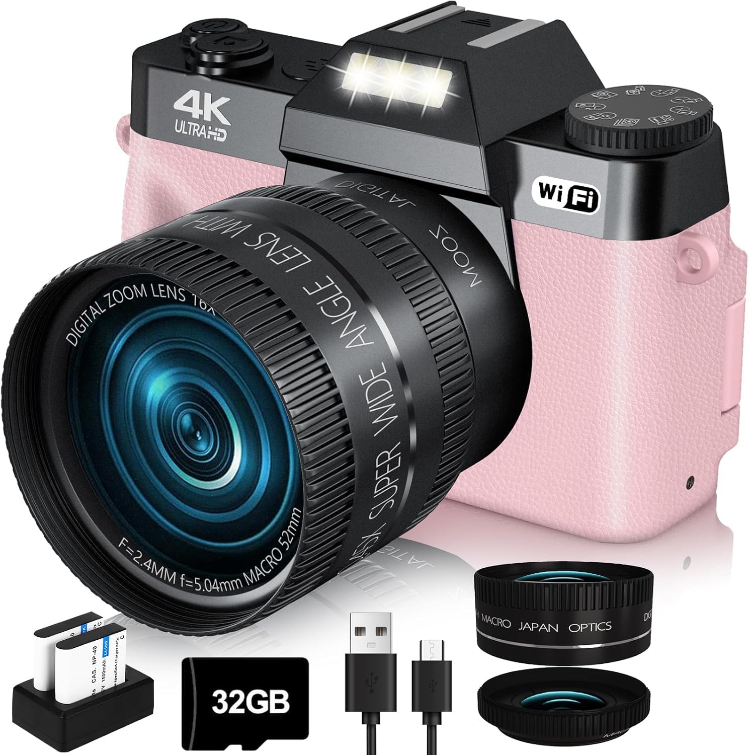 2024 Upgrade Vjianger Digital Camera For Photography 4K 56Mp Vlogging Camera For Youtube With Wifi, 180� Flip Screen, 16X Digital Zoom, 52Mm Lens, 2 Batteries, 32Gb Micro Sd Card(Pink)