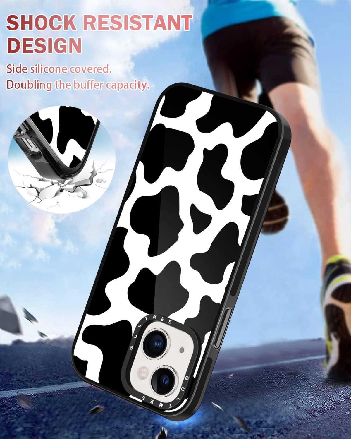 Gultmee [3 In 1 For Iphone 13 Case 6.1 Inch,With Tempered Glass Screen Protector + Camera Lens Protector Cute Cow Print Slim Des
