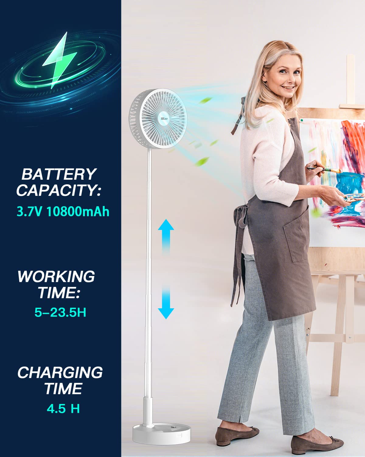 Aicase Stand Fan,Folding Portable Telescopic Floor/Usb Desk Fan With 10800Mah Rechargeable Battery,4 Speeds Super Quiet Adjustab