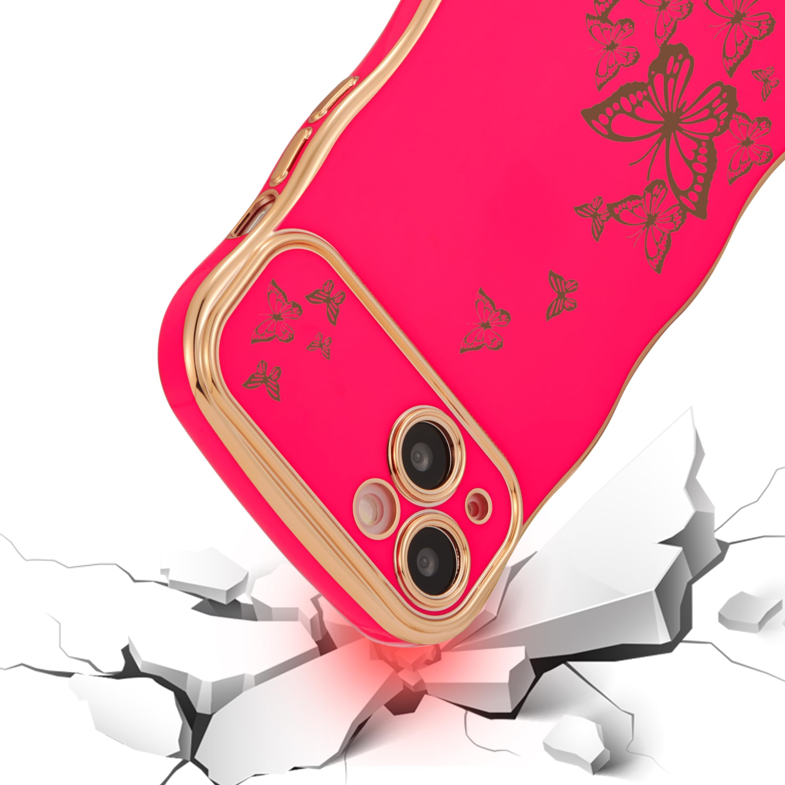 Ztofera For Iphone 14 Case For Girl Women, Cute Curly Wave Frame With Luxury Plating Butterfly Pattern, Soft Tpu Electroplated E