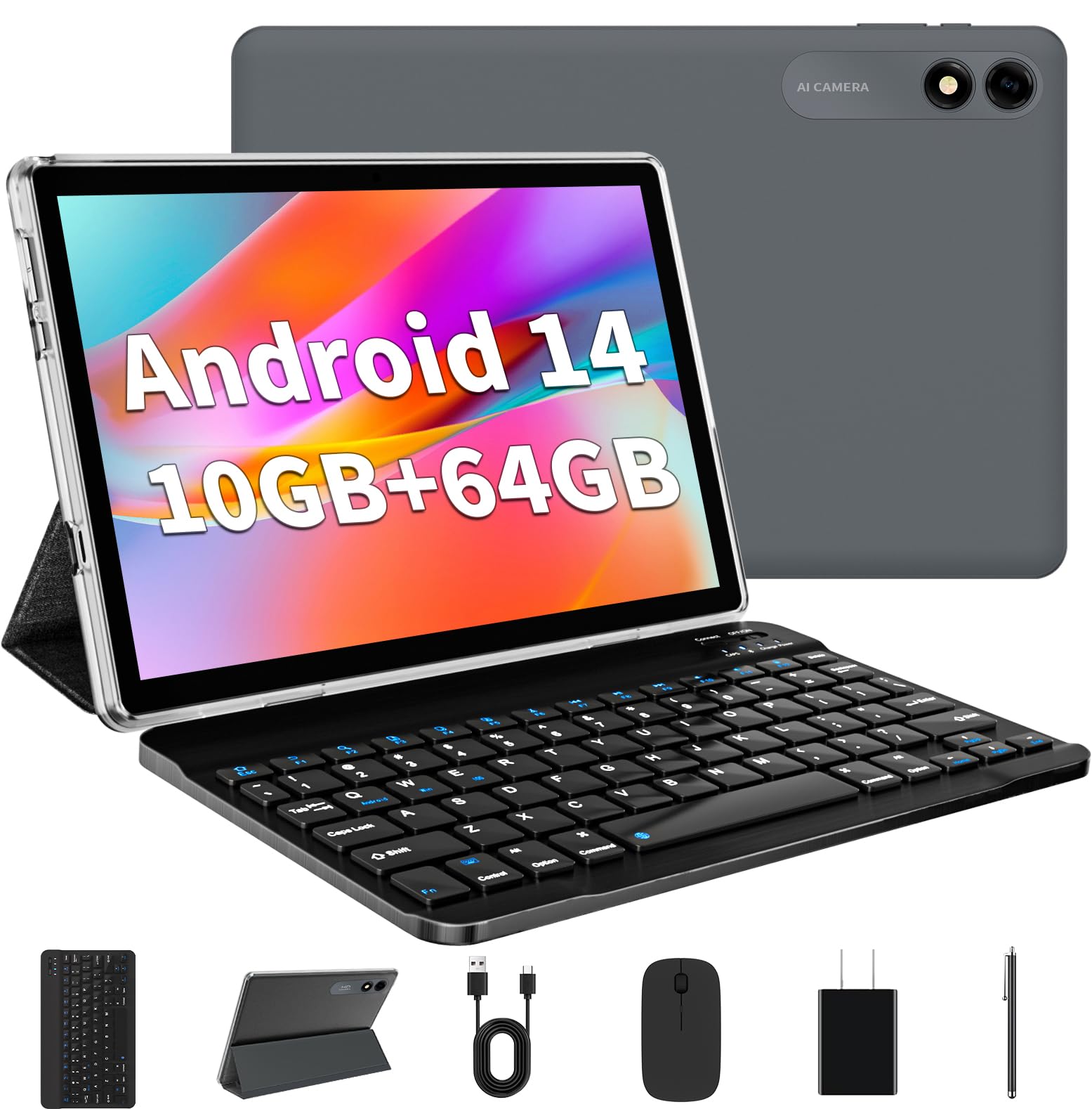 Eddbni Android 14 Tablet 10.1 Inch Tablet 2024 Latest Tablet With Keyboard Mouse 10Gb+64Gb 1Tb Expand 6000Mah Octa Core Processo