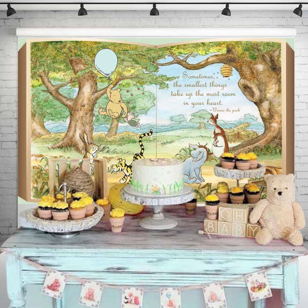 Classic Pooh Giant Book Backdrop Vintage Hundred Acre Wood Background Winnie Bear With Blue Balloon Banner Boys Baby Shower Birt