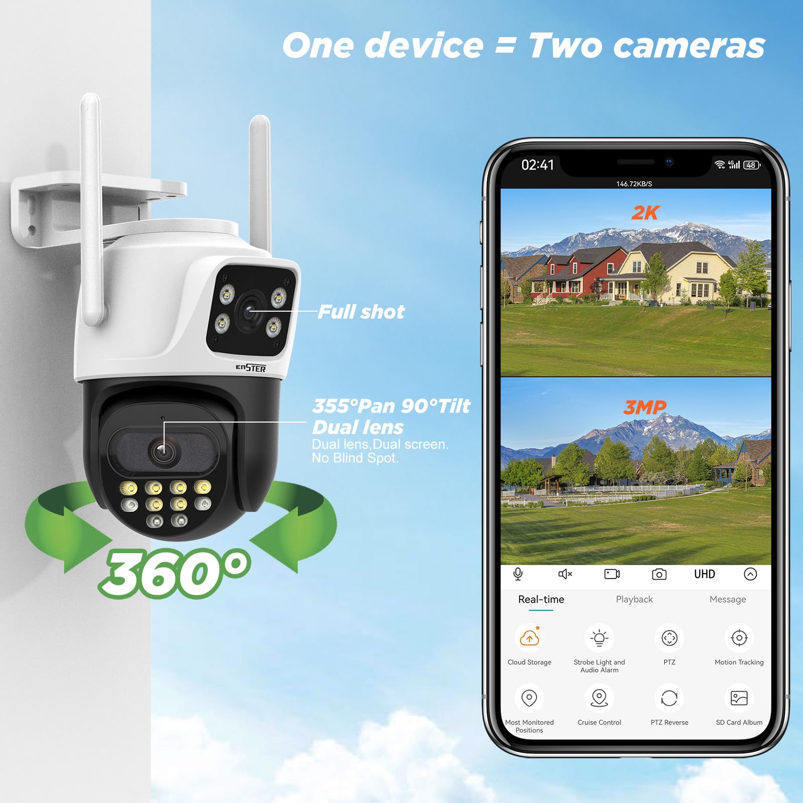 Enster 6Mp Security Camera Outdoor Indoor Dual Lens, 2.4G Wifi Ptz Outdoor Camera Home Security With Human Detection, Auto Track