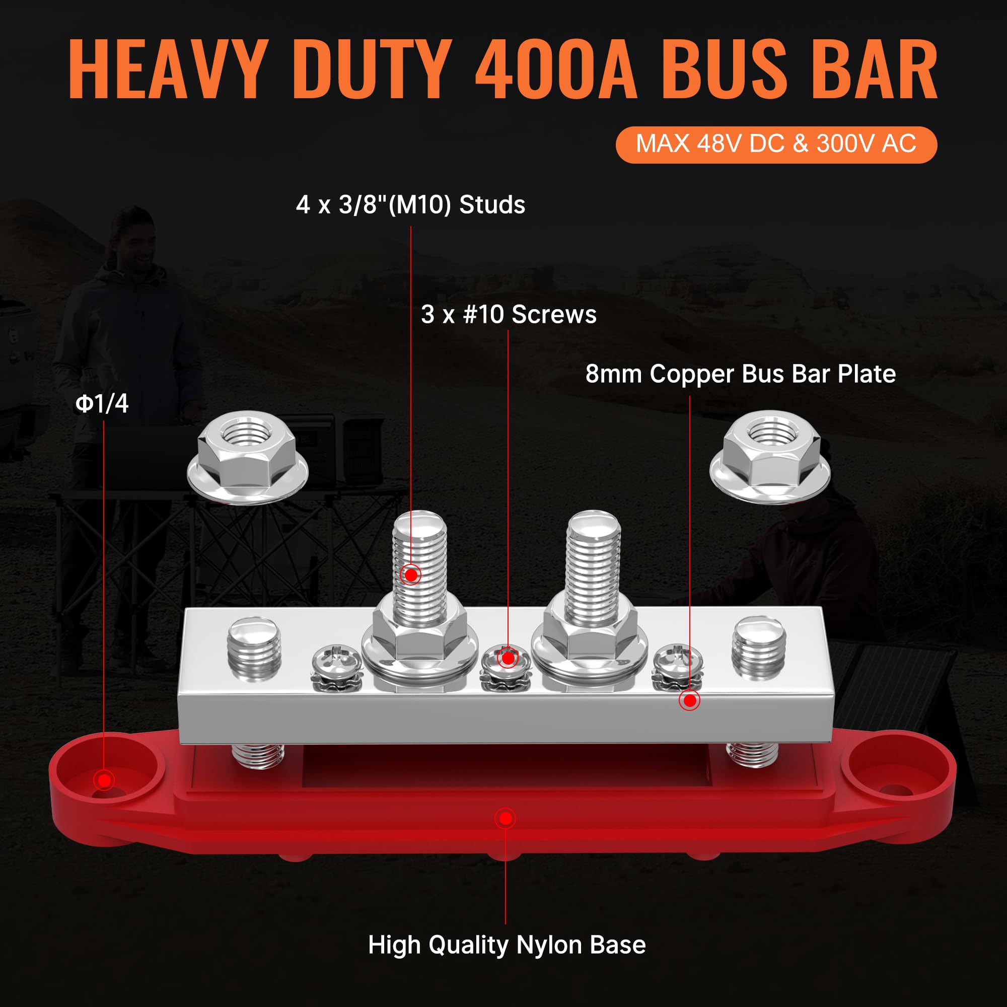 Joinfworld 400A Bus Bar 12V Power Distribution Block With 4 X 3/8' Studs 12 Volt Marine Copper Battery Busbar Terminal Block For Car, Boat, Automotive, Rv, Solar Wiring   Negative&Positive