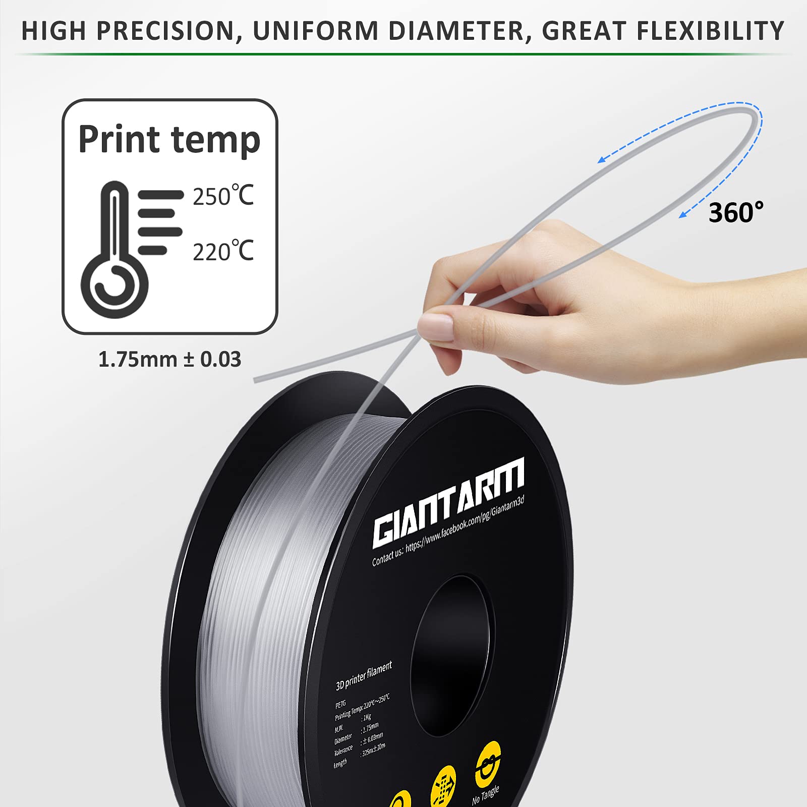 Giantarm Petg Filament 1.75, Clear Transparent Petg Filament 1.75Mm 1Kg(2.2Lb), Toughness Enhanced, Dimensional Accuracy +/ 0.02