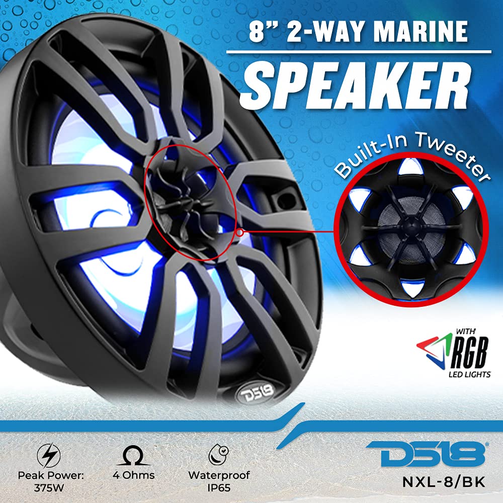 Ds18 Hydro Nxl-8 - High End Coaxial Speaker Pair - 2-Way Marine Speaker W/Integrated Rgb Lights - 375 Watts Peak Power - 100% Uv