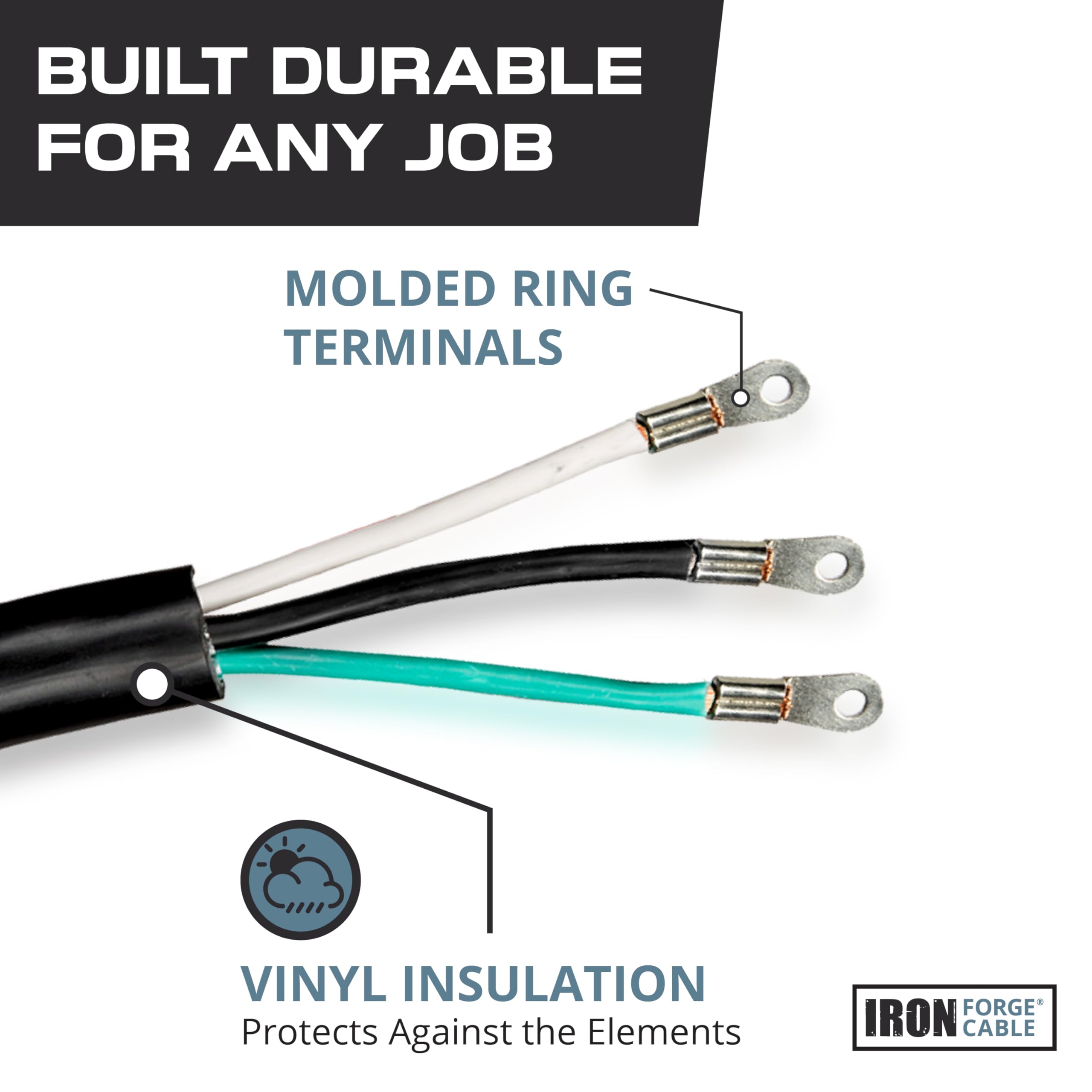 Iron Forge Cable Nema Ev Extension Cord 10 Ft With Open End, 50 Amp Power Cord With Eyelet 3 Wire 6/3 Gauge Replacement Cable, N