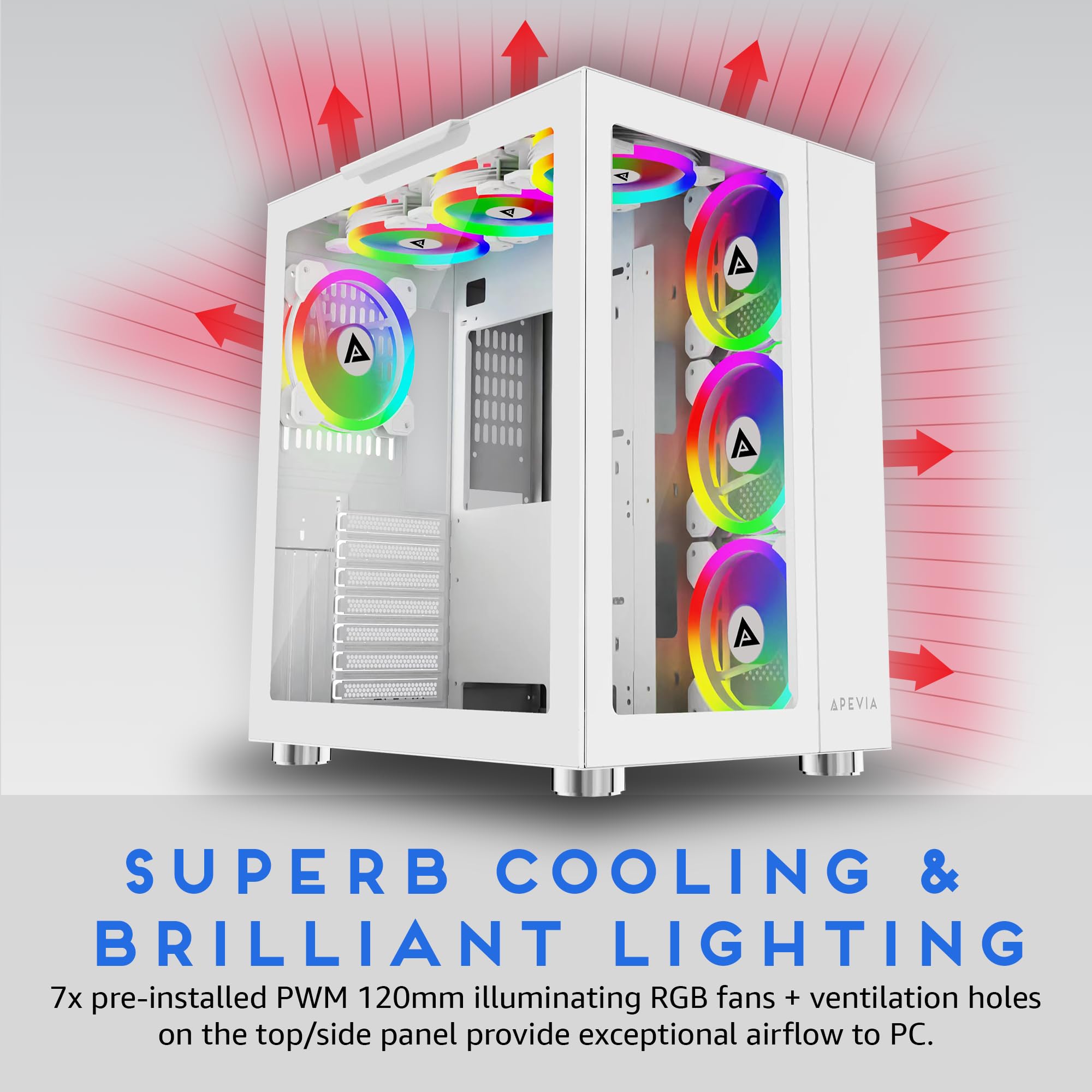Apevia Prism Elite Wh Prism Elite Mid Tower Atx Gaming Pc Cube Case W/ 7X 120Mm Pwm Argb Fans, 366 Rgb Modes, Dual Tempered Glas