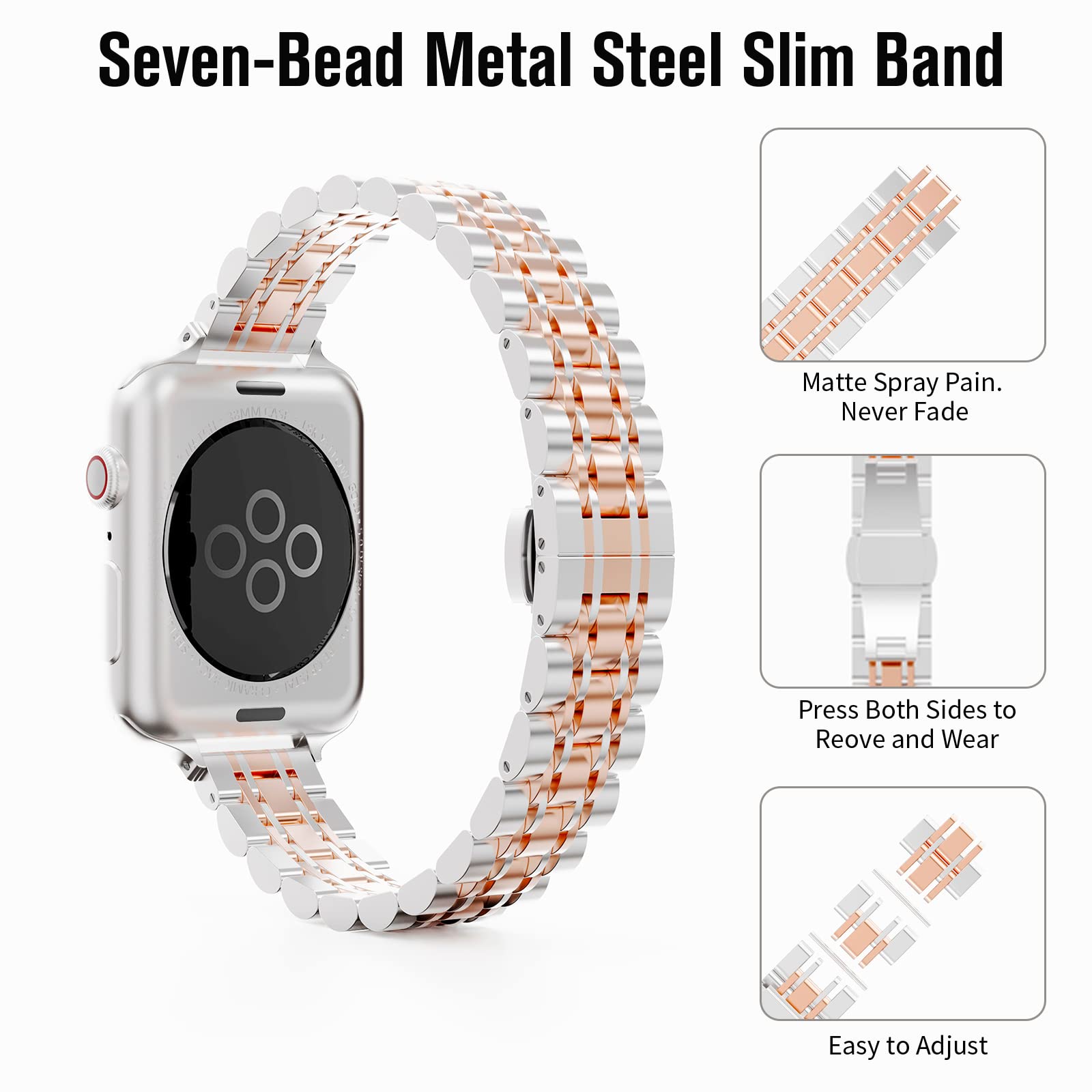 Aicumuza Slim Metal Watch Bands Compatible With Apple Watch 41Mm 40Mm 38Mm, Thin Stainless Steel Link For Women Iwatch Series 9/