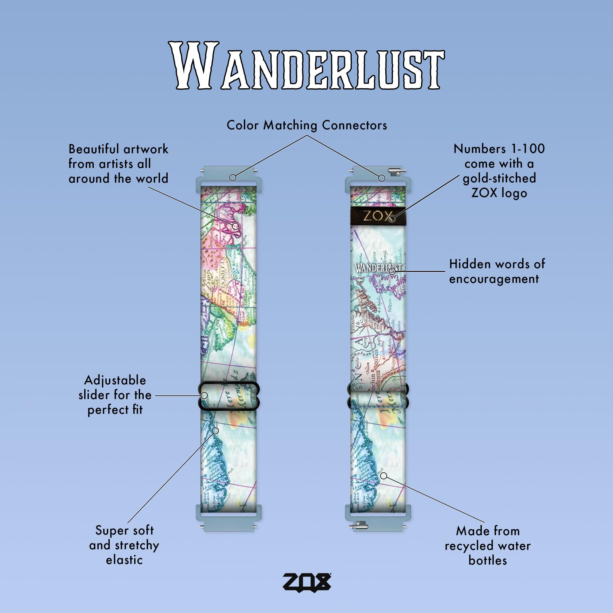 Zox Android Smart Watch Band - Wanderlust | Soft, Adjustable Elastic Band With Motivational Affirmations And Beautiful Artwork -