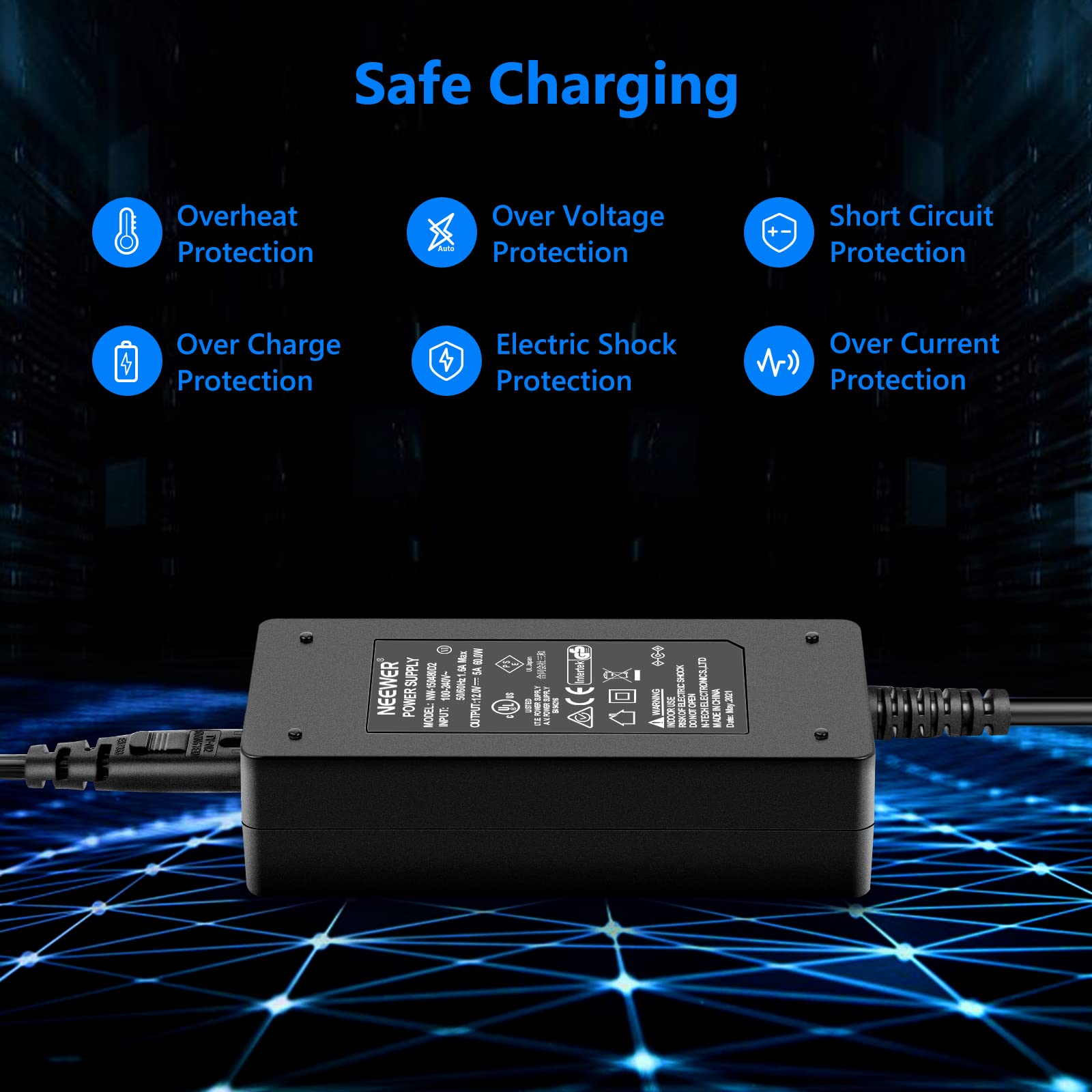 Neewer Ac 100 240V To Dc 12V 5A 60W Power Supply Adapter With 6.5 Feet/2 Meters Power Cable Compatible With 660 960 Led Video Li