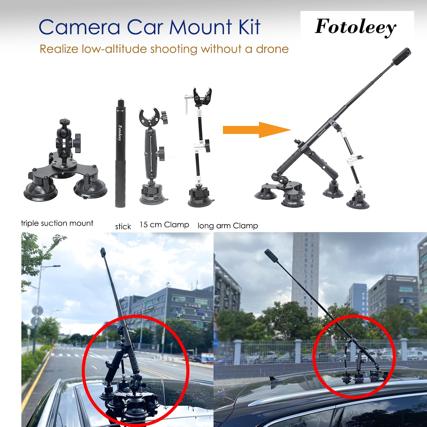 Fotoleey 360 Camera Suction Cup Car Mount Kit For Insta360 X4, X3, Gopro Max, Hero 12, Hero 11 For Heavy Duty Low Altitude Car F