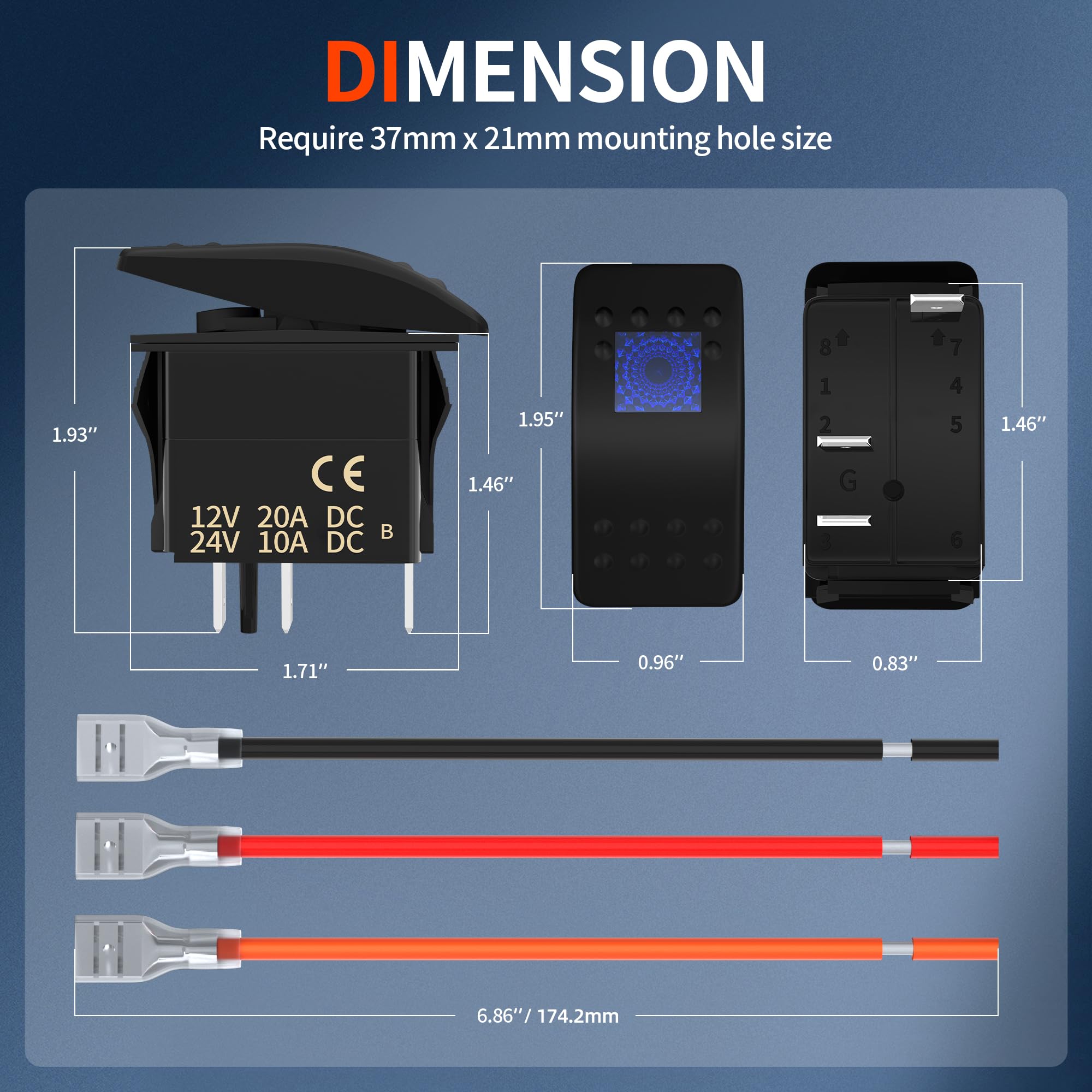 Daiertek Marine Boat Rocker Switch 12V, Lighted Blue Led Waterproof Rocker Switch 12 Volt For Utv Rzr Spst 3 Pin On/Off 20A Heav