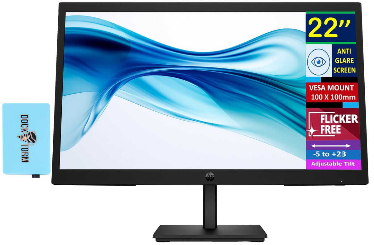 Hp 22'' Fhd Va Monitor With 5 Ms Response Time, Anti-Glare, Flicker Free, Vesa Mount (100X100Mm), Hdmi, Vga & Dockztorm Usb Port