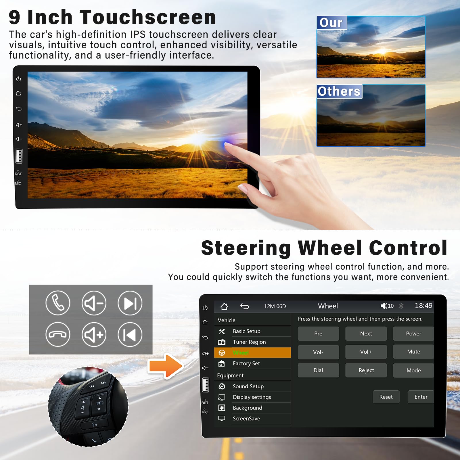 Sixwin Car Radio, 9 Inch Touchscreen Single Din Car Stereo With Bluetooth, Fm/Am, Mirror Link, Eq Function, Backup Camera, Steer