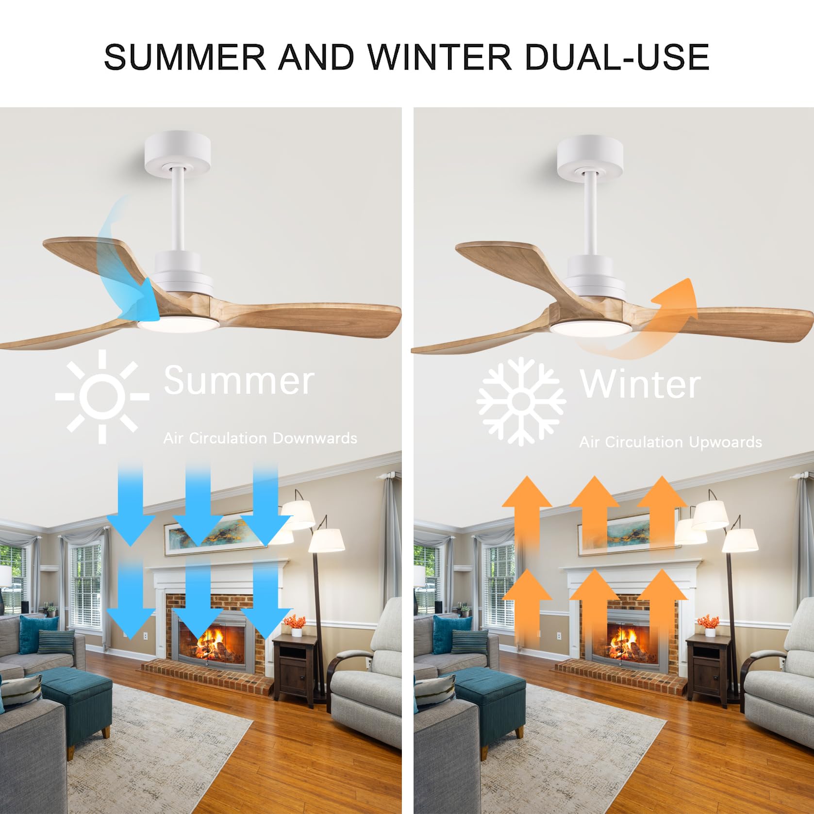 Dearnow 42'' Ceiling Fans With Lights With Remote Control, Indoor Outdoor Wooden Ceiling Fan With 3 Wooden Blades For Patio, Liv