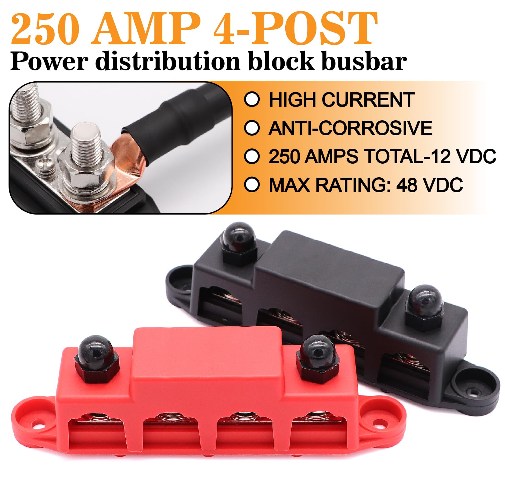 Taukealugs 250A Power Distribution Block Bus Bar 3/8 Inch Battery Terminal Stud 4 Post With Cover And Wire Lugs For Marine Autom