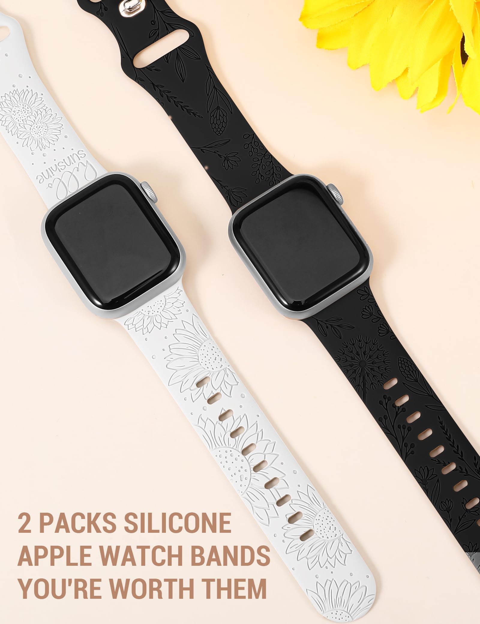 Minyee 2 Packs Floral Engraved Band Compatible With Apple Watch 49Mm(Ultra) 45Mm 44Mm 42Mm Women, Cute Silicone Dandelion Sunflo