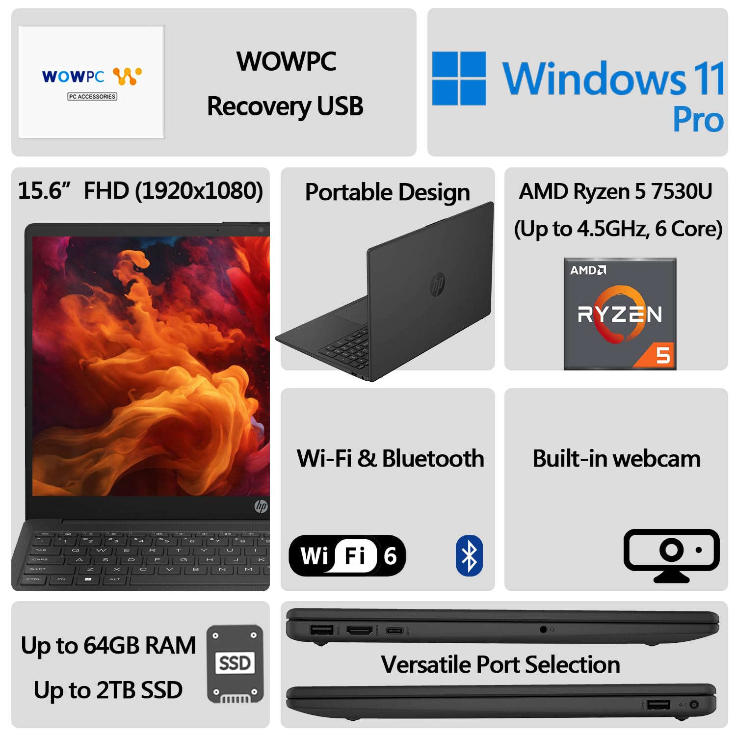 Hp New 15.6 G10 Business Laptop, Amd Ryzen 5 7530U Processor (Beat I7-1355U), Amd Radeon Graphics, 32Gb Ram, 512Gb Ssd, Fhd Disp