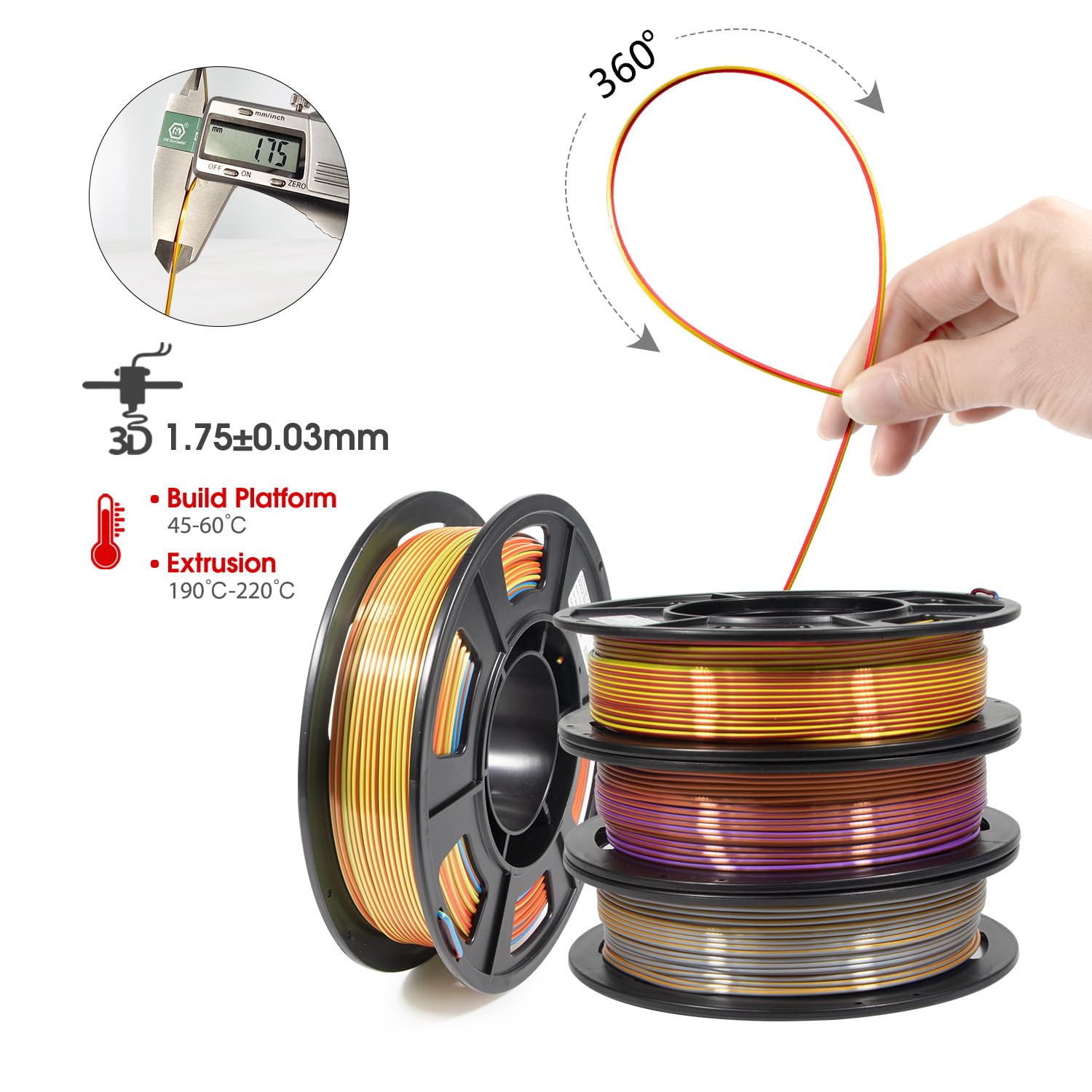 Isanmate 3D Printer Filament, Tri Color Pla Filament 1.75Mm Bundle, Color Changing Pla Rainbow Filament, Coextrusion Silk Pla +/