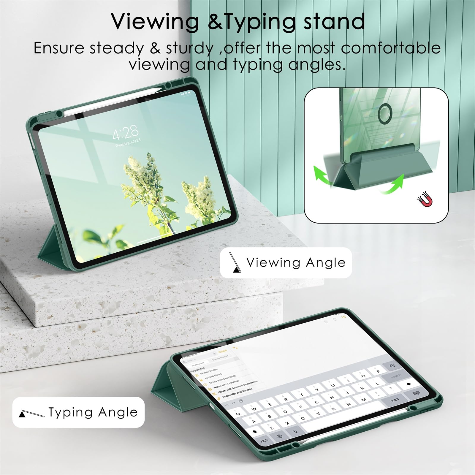 Soke Case For Ipad Air 13 M2 2024/Pro 12.9 (6Th/5Th/4Th Generation, 2022/2021/2020)   Pencil Holder+Auto Sleep/Wake+Camera Protection, Shockproof Back Cover For Ipad Pro 12.9 Inch, Midnight Green