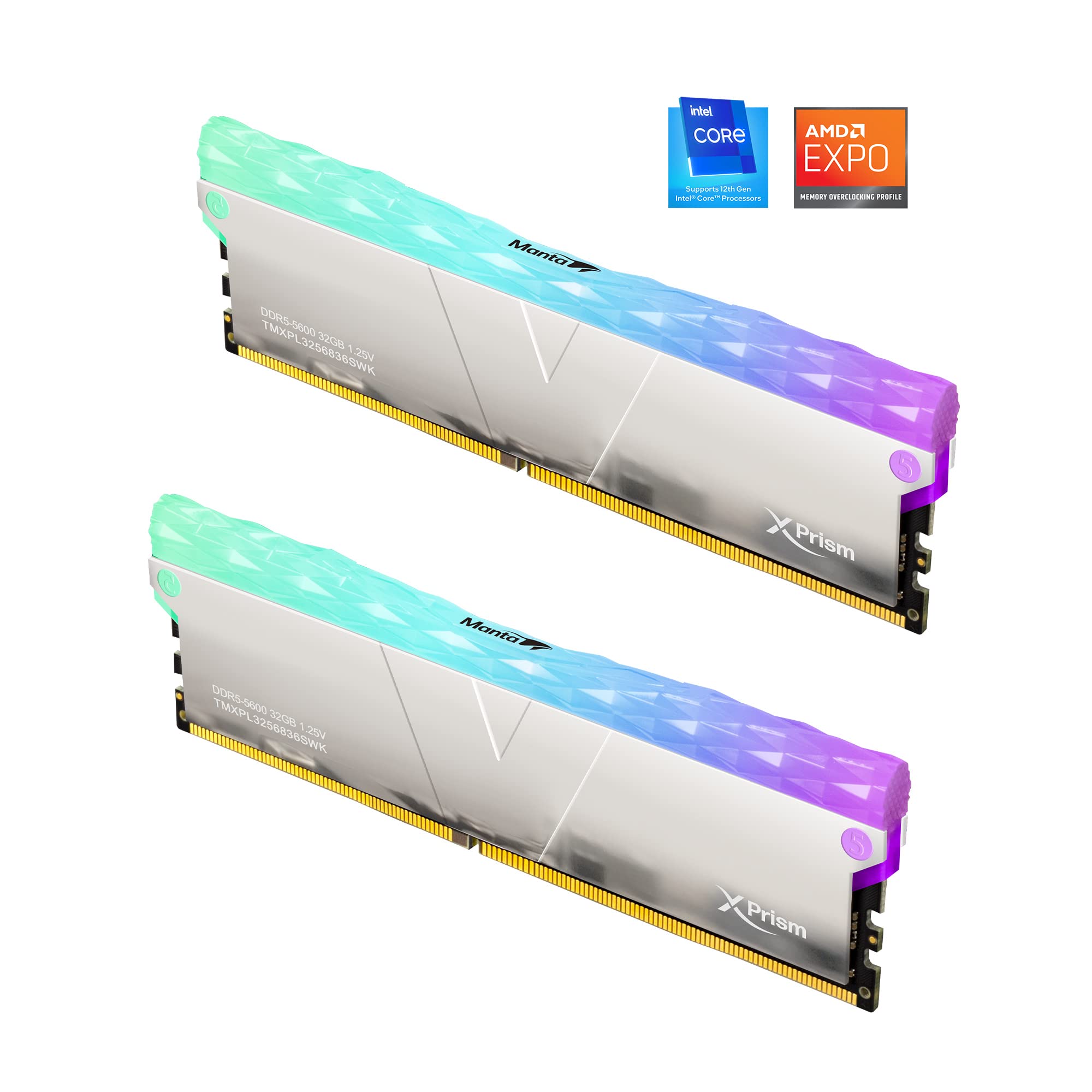 V Color Ddr5 Manta Xprism 64Gb(32Gbx2) 5600Mhz 2Gx8 Cl36 1.25V Sk Hynix Ic Rgb Gaming Desktop Upgrade Ram Memory Module   Silver