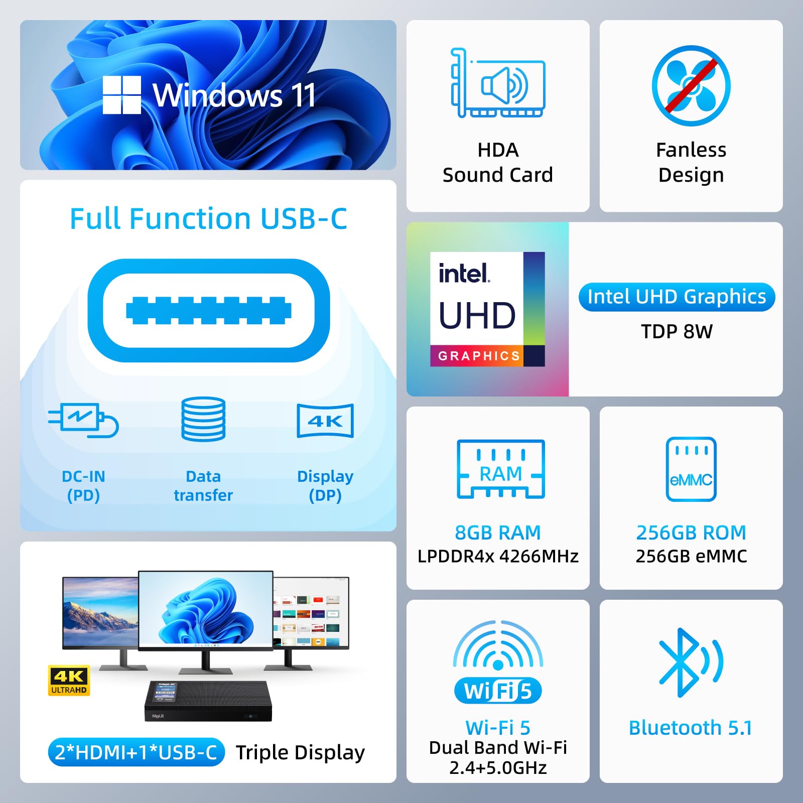 Mele Mini Pc Quieter 4C   12Th Gen N100, Fanless Pc, 8Gb Ram, 256Gb Rom, Windows 11 Pro, 2.4/5G Wi Fi, Full Functional Usb C, 4K