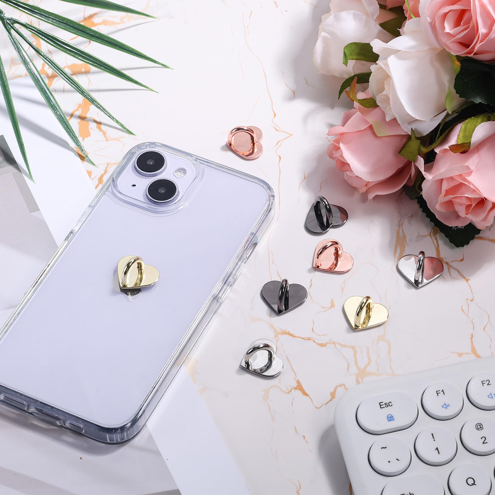 Gosknor 8Pcs Heart Cell Phone Ring Holder, Cute Phone Charm Hooks Adhesive Smartphone Finger Ring Grip Sticky Metal Loop Stand F