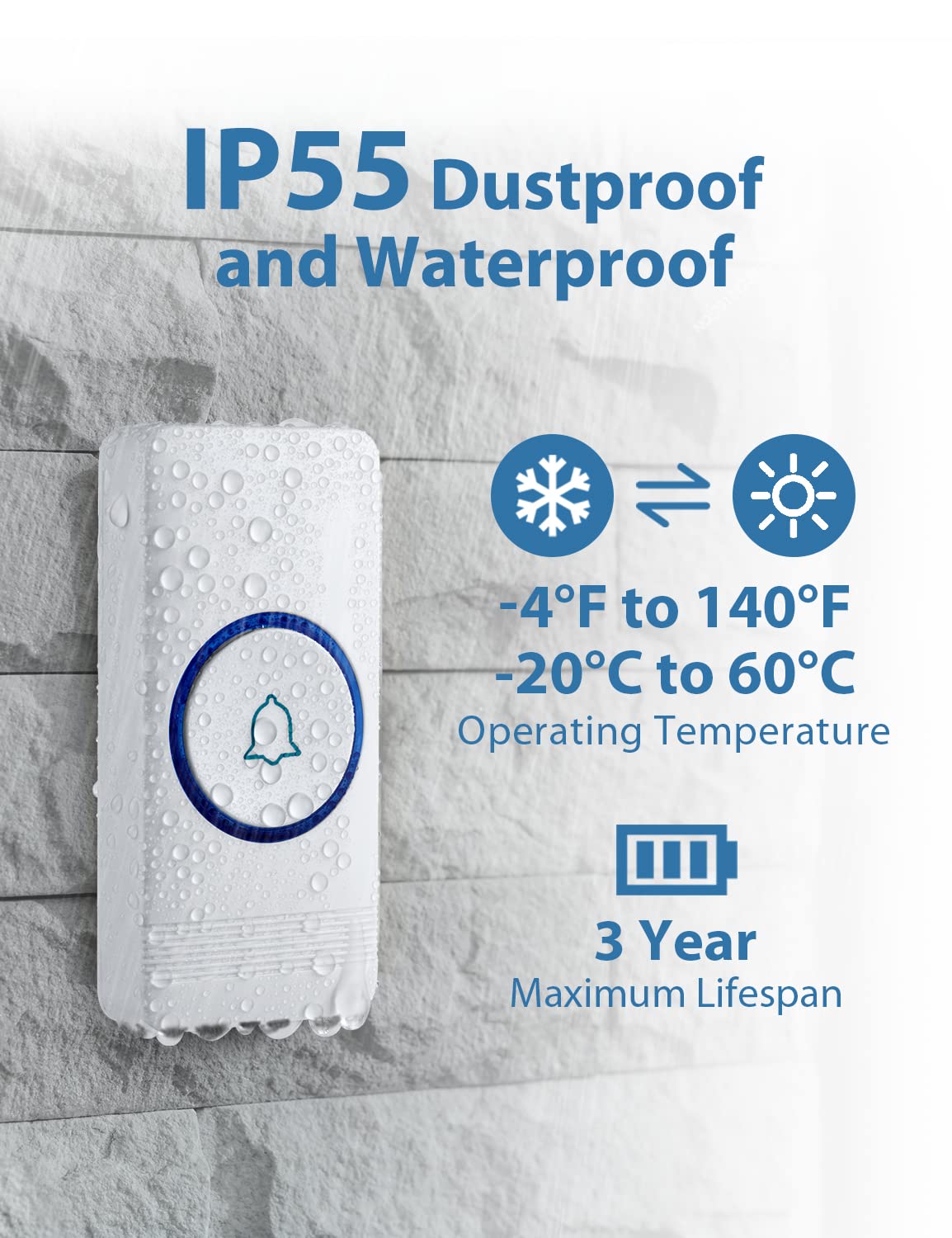 Wireless Doorbell, Avantek D 3W Waterproof Door Chime Kit Operating At Over 1300 Feet With 2 Plug In Receivers, 52 Melodies, Cd