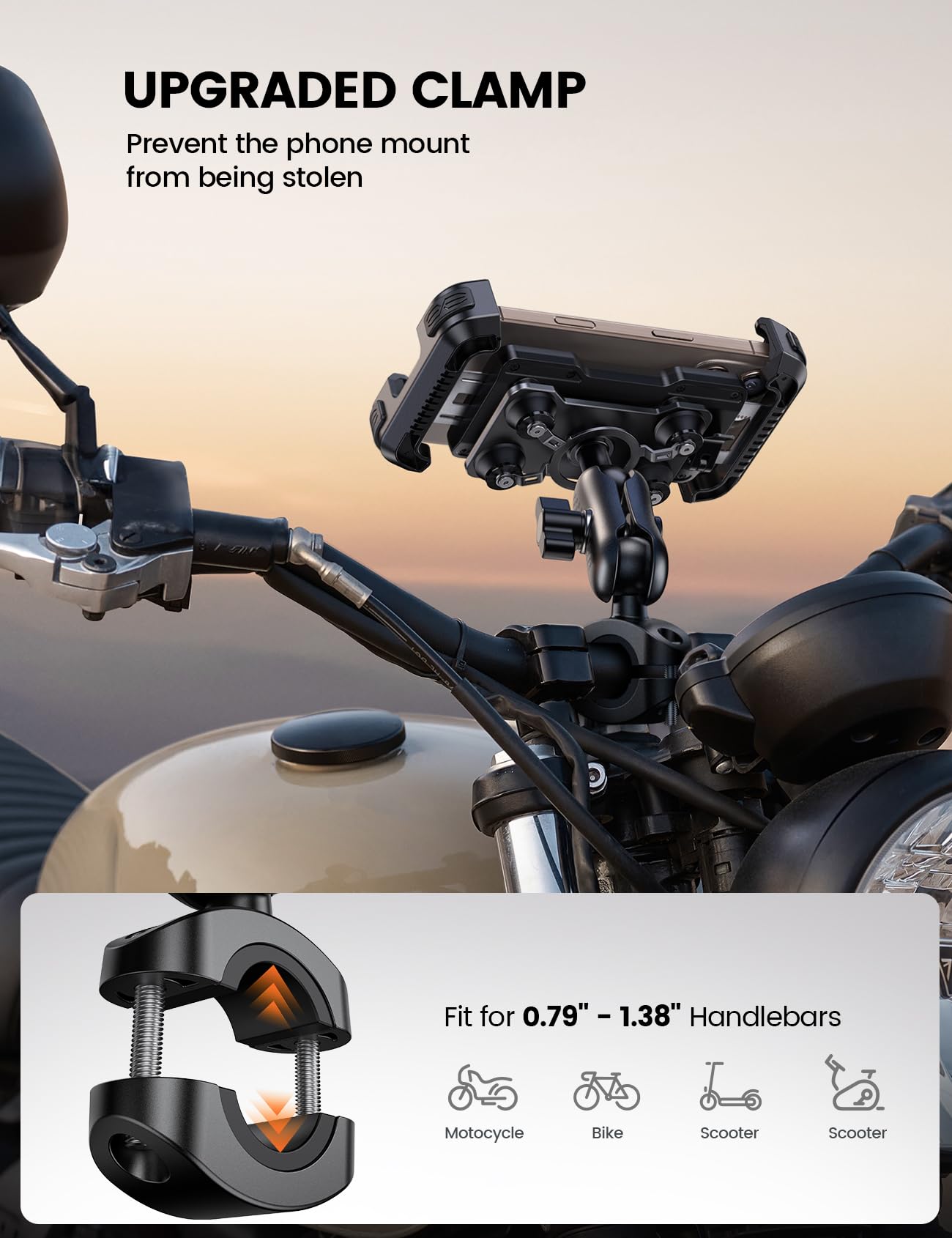 Aomiker Motorcycle Phone Mount Holder - [Metal Extension Arm] [Dual Vibration Dampener] Motorcycle Cell Phone Mount, Bike Phone