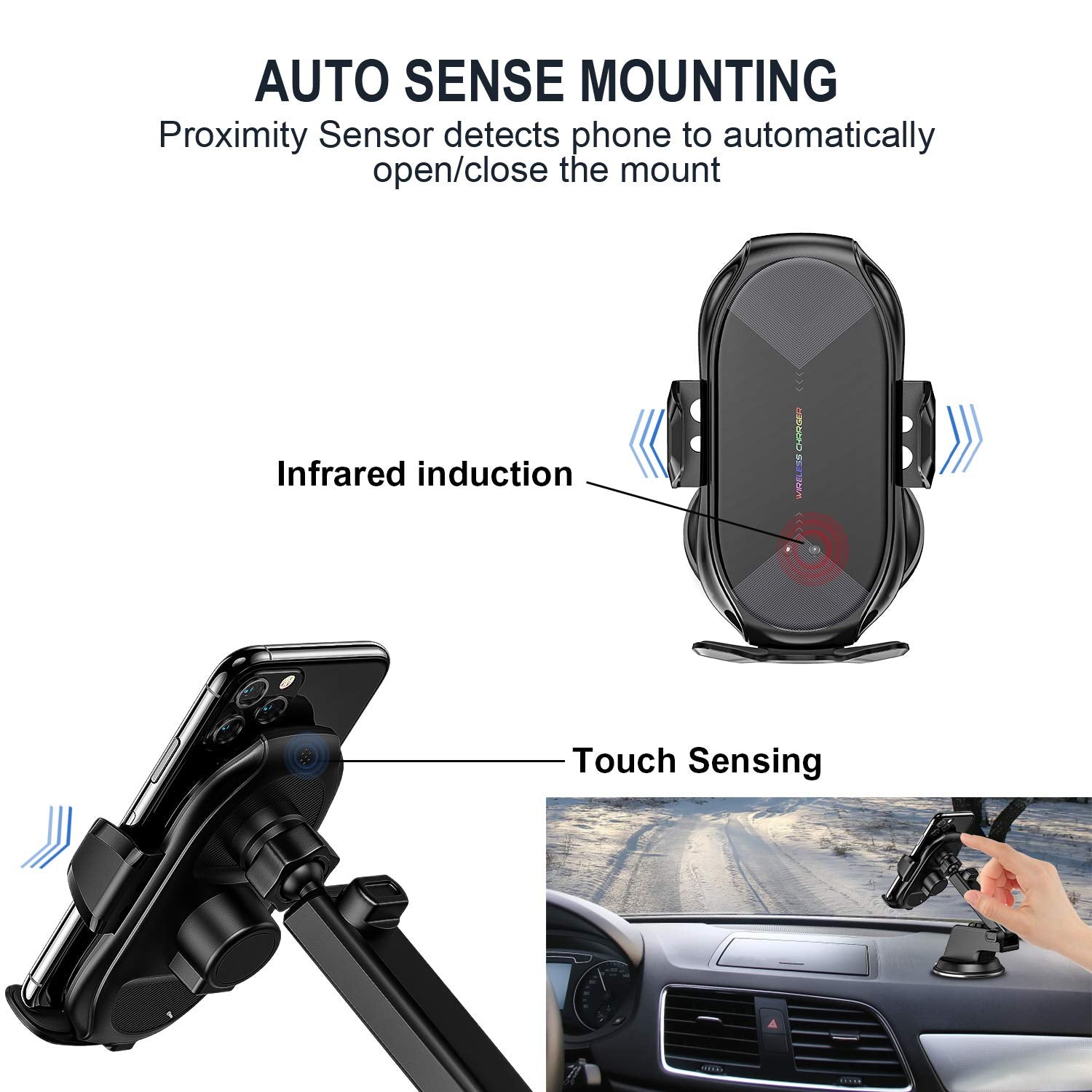 Yitumu Wireless Car Charger Mount,15W Qi Fast Charging Auto-Clamping Car Phone Holder, Air Vent Windshield Dashboard Car Phone M