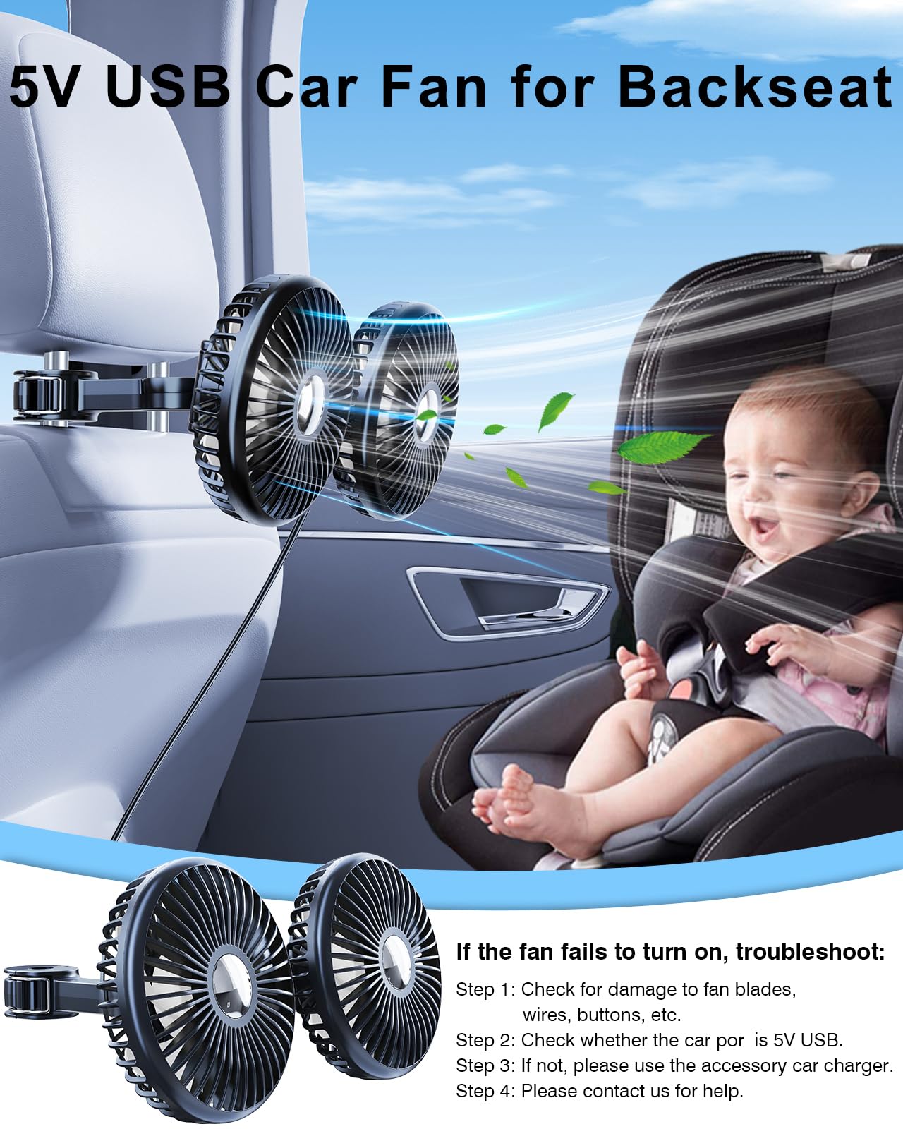 Nauttxon Car Fan For Back Seat [Comes With Car Charger] 360Rotatable Usb Car Seat Fan For Baby Rear Facing 3 Speeds Separate Con