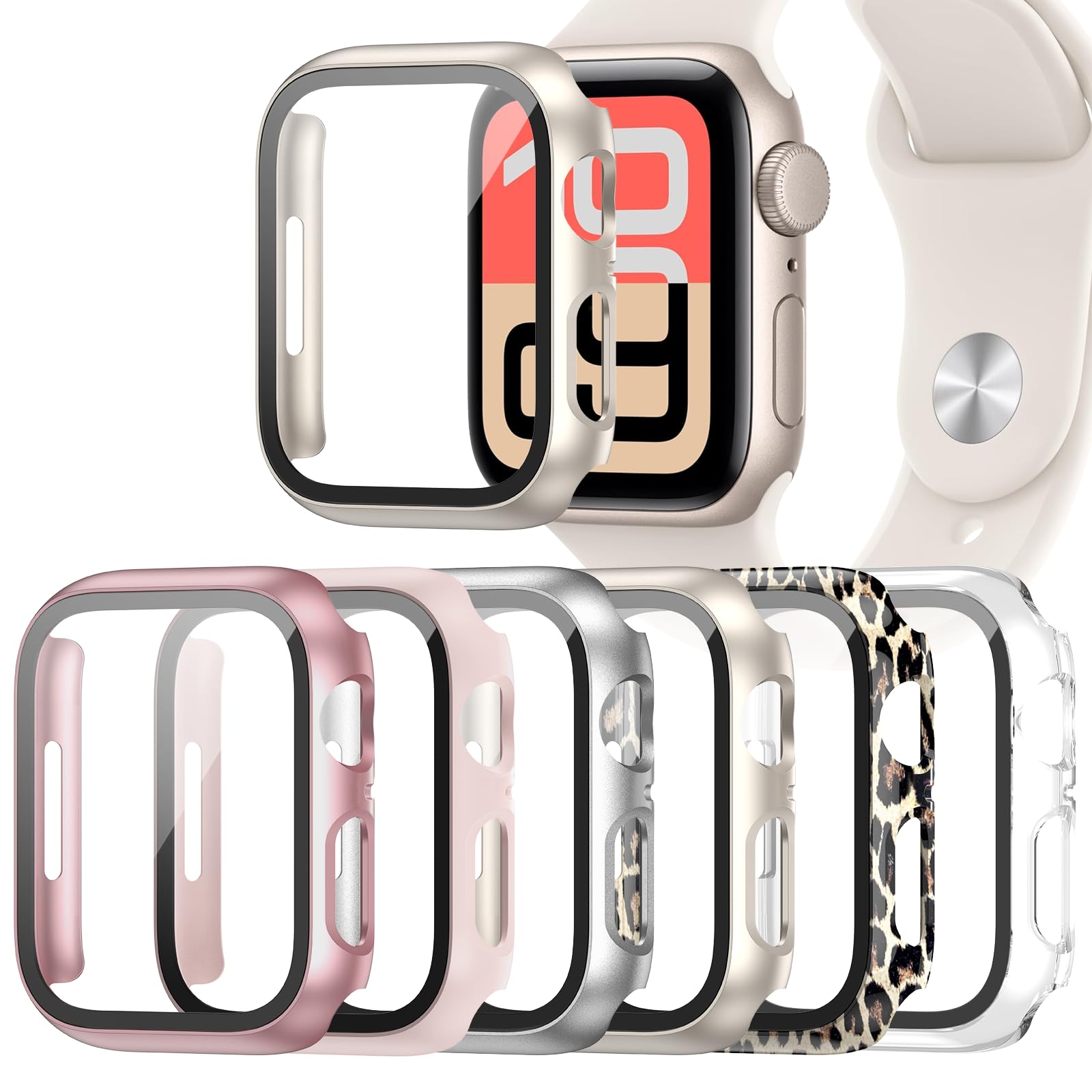 Landhoo 6 Pack Case for Apple Watch SE 3 (2025)/SE 2/SE/Series 6/5/4 44mm with Tempered Glass Screen Protector, Hard PC Ultra-Th