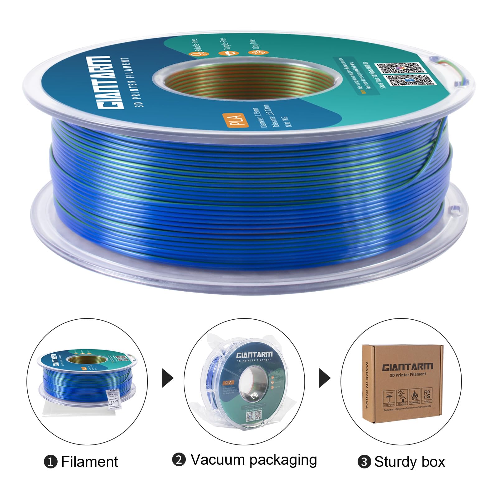 Giantarm Tri Colors Silk Pla Filament, 3D Printer Filament 1.75Mm +/ 0.02Mm, 1Kg (2.2Lbs) Spool, Vacuum Packaging (Orange+Blue+G