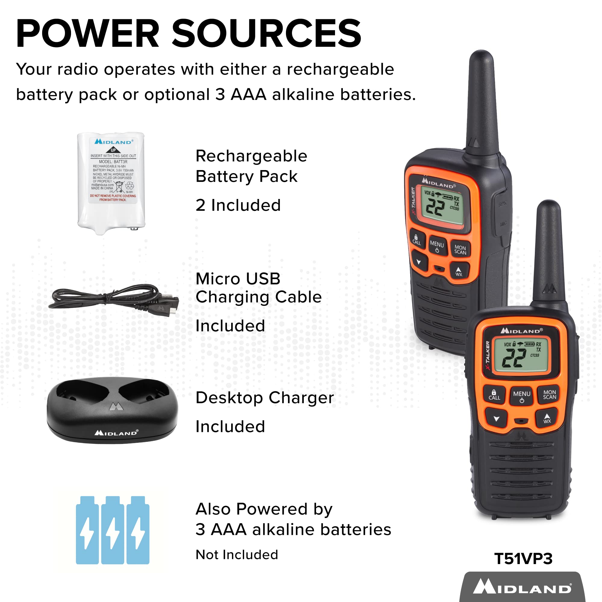 Midland  T51Vp3 X Talker Spotting And Recovery Walkie Talkie Long Range   Frs Two Way Radio For Kids Caravanning With Noaa Weather Scan + Alert, 38 Privacy Codes   Black/Orange   2 Pack